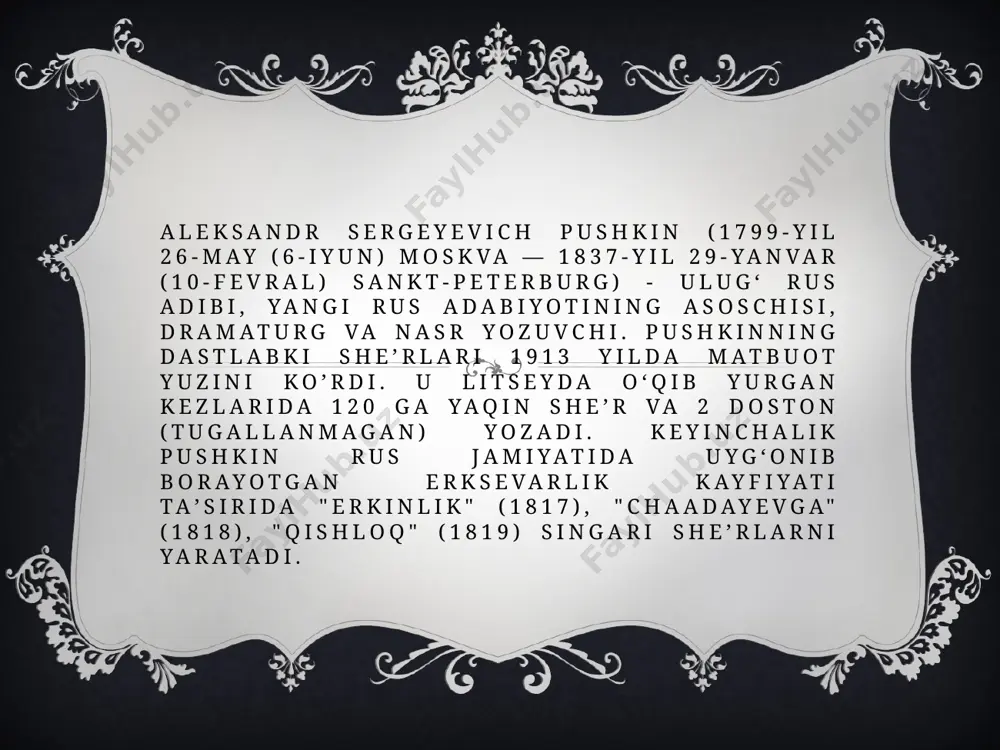 ahon she`riyatining eng yuksak, eng porloq yulduzi kabi nafis qalblarga, go`zallik va ezgulik ishtiyoqida yongan yuraklarga saxiylik bilan nur taratib kelmoqda. pushkin yaratgan asarlar – lirik she`rlar, dostonlar, ertaklar, dramatik asarlar, hikoyalar, qissalar, romanlarning hamasi vaqt sinovidan muvaffaqiyat bilan o`tdi. do’stlarimga parvardigor baxsh etmish sizga oltin kunduz, oltin kechalar, xumor qizlar ko’z tutmish sizga sinchkov nigoh dilga o’t qalar. o’ynang, kuylang, mening do’stlarim! sho’x oqshomlar o’tkinchi, bir zum. tashvish bilmas baxtingizga jim ko’zyosh bilan qilgum tabassum. image3.png image4.png image5.png image2.png /docprops/thumbnail.jpeg