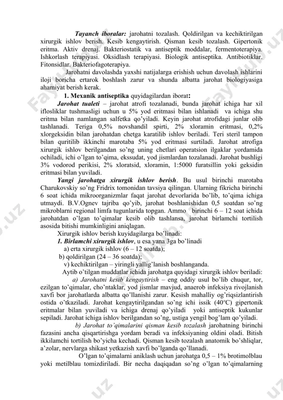 nishidan 0,5 soatdan so’ng mikroblarni regional limfa tugunlarida topgan. ammo birinchi 6 – 12 soat ichida jarohatdan o’lgan to’qimalar kesib olib tashlansa, jarohat birlamchi tortilish asosida bitishi mumkinligini aniqlagan. xirurgik ishlov berish kuyidagilarga bo’linadi: 1. birlamchi xirurgik ishlov, u esa yana 3ga bo’linadi a) erta xirurgik ishlov (6 – 12 soatda); b) qoldirilgan (24 – 36 soatda); v) kechiktirilgan – yiringli yallig’lanish boshlanganda. aytib o’tilgan muddatlar ichida jarohatga quyidagi xirurgik ishlov beriladi: a) jarohatni kesib kengaytirish – eng oddiy usul bo’lib chuqur, tor, ezilgan to’qimalar, cho’ntaklar, yod jismlar mavjud, anaerob infeksiya rivojlanish xavfi bor jarohatlarda albatta qo’llanishi zarur. kesish mahalliy og’riqsizlantirish ostida o’tkaziladi. jarohat kengaytirilgandan so’ng ichi issik (40oc) gipertonik eritmalar bilan yuviladi va ichiga drenaj qo’yiladi yoki antiseptik kukunlar sepiladi. jarohat ichiga ishlov berilgandan so’ng, ustiga yengil bog’lam qo’yiladi. b) jarohat to’qimalarini qisman kesib tozalash jarohatning birinchi fazasini ancha qisqartirishga yordam beradi va infeksiyaning oldini oladi. bitish ikkilamchi tortilish …