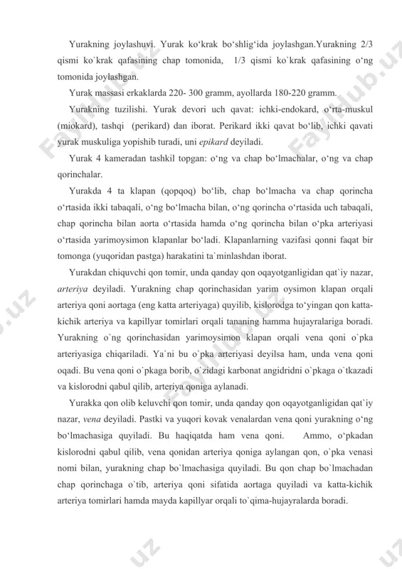 ishi) ni hosil qiladi. yurakning bir ish sikliga 0,8 sekund sarflanadi. jumladan, o`ng va chap bo‘lmachalarning ikkalasi bir vaqtda 0,1 sekund davomida qisqaradi va qon o`ng va chap qorinchaga o‘tadi. so‘ngra, bo‘lmachalar 0,7 sekund davomida kengayadi.bu vaqtda qorinchalar 0,3 sekund davomida qisqaradi va qon aorta va o‘pka arteriyasiga chiqariladi. so‘ngra, ular 0,5 sekund davomida kengayadi. jismoniy mehnat va sport mashqlarini bajarganda yurak sikli (yurak urishi) bir minutda 100-180 martagacha va bundan ham ko`payishi mumkin. bunda yurakning bo`lmacha va qorinchalarining qisqarishiga va kengayib dam olishiga sarflanadigan vaqt kamayadi. shu boisdan ham, bunday katta tezlik bilan bajariladigan harakatlarni juda chiniqqan odam ham uzoq davom ettiraolmaydi, ya`ni u ma`lum vaqtdan keyin charchaydi. katta va kichik qon aylanish doiralari. arteriya qonining yurakni chap qorinchasidan aorta tomiriga o`tib, katta va kichik arteriyalar, kapillyarlar orqali to`qima-hujayralarga borishi, ularga kislorodni, oziq moddalarni berib, karbonat angidridni va qoldiq moddalarni qabul qilib, vena qoniga aylanib, vena tomirlari orqali, yuqori …