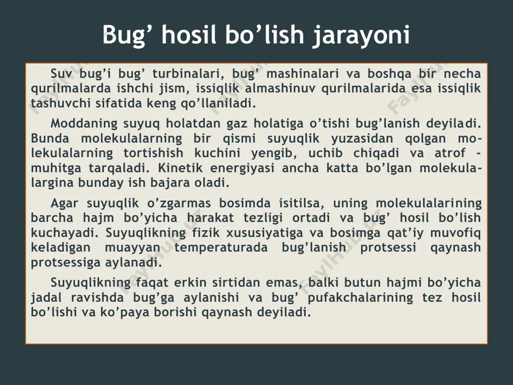 gan qaynayotgan suyuqlik temperaturasiga teng bo’ladi. qaynash sodir bo’ladigan temperatura bilan bosim bir-biriga bog’liqdir. ular to’yinish temperaturasi va bosimi deyiladi va bilan belgilanadi. suyuqlik qaynaydigan bosim qanchalik yuqori bo’lsa, qaynash temperaturasi ham shuncha yuqori bo’ladi. temperaturasi va bosimi to’yinish bosimi bilan temperaturasi­ga teng, lekin tarkibida suv zarralari bo’lmagan bug’ quruq bug’ deyiladi. suyuqlikka tegib turgan va uning ustidagi bo’shliqni to’yinti­radigan bug’ to’yingan nam bug’ deyiladi. to’yingan nam bug’-bug’ bilan juda mayda suv tomchilari aralashmasidir. bug’dagi suyuqlik zarralarining miqdori bug’ning quruq yoki namlik darajasini bel­gilaydi. quruq to’yingan bug’ massasini to’yingan nam bug’ massasi yig’indisiga (bug’ va suyuqlik aralashmasi) nisbati x bilan belgila­nadi va bug’ saqlami yoki bug’ning quruqlik darajasi deyiladi. nam bug’dagi qaynayotgan suyuqlikning massasi ulushiga bug’ning namlik darajasi deyiladi va u bilan belgilanadi. u = 1 - x agar x = 0,6 bo’lsa, u holda u = 1 - 0,6 = 0,4 bo’ladi, to’yingan nam bug’ 60% quruq bug’ bilan …