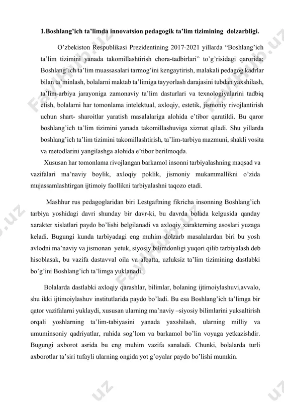 edagogika-ijodkorlik va yaratuvchanlik metodlarini yaratishni o’rganish tushuniladi. “creato” – so’zi ma’nosi, ijodiy fikr, texnik loyiha, ijodkorlikka moyillik, o’quv-biluv jarayonida mas’uliyat, yaratuvchanlik, kreativ pedagogika. an’anaviy ta’lim asosan ilgaritdan mavjud bo’lgan didaktikaga asoslangan, ya’ni o’quv jarayoniga ilgaritdan fanga ma’lum bo’lgan bilimlarni o’qitish, o’rgatish, yetkazish bilan xarakterlanadi. o’qituvchi ilgaritdan ma’lum bo’lgan reproduktiv faoliyatni olib boradi. bu esa asosan o’quvchining ta’lim mazmunini yodlab olishi, qayta takrorlab borishi bilan cheklanadi. ya’ni ta’lim ilgaritdan ma’lum bo’lgan predmet “avval hunar o’rgat, keyin shogird o’z hoxishiga ko’ra nima qilsa qilaversin” yo’sinida ish tutish rasm bo’lgan. bunday holda bilim kontseptsiyasi to’rt bosqichda amalga oshiriladi: 1.bilim bilan tanishish, ma’lum axborotni tushunib olish, voqealarni bir – birdan ajrata olish; 2.bilimdan nusxa olish, olgan bilimlarini takrorlash; 3.bilim, ko’nikma, olgan malakalarini amaliy faoliyatda qo’llay olish; 4.bilim – transformatsiya, olgan bilimlarini keyingi yangi bilimlarni, yangi vazifalarni bajarishda qo’llay olish (ya’ni ijodiy foydalana olish darajasi)dir. agar umumiy ta’lim maktablari birinchi, ikkinchi darajadagi bilimlarni o’rgatsa, oliy …