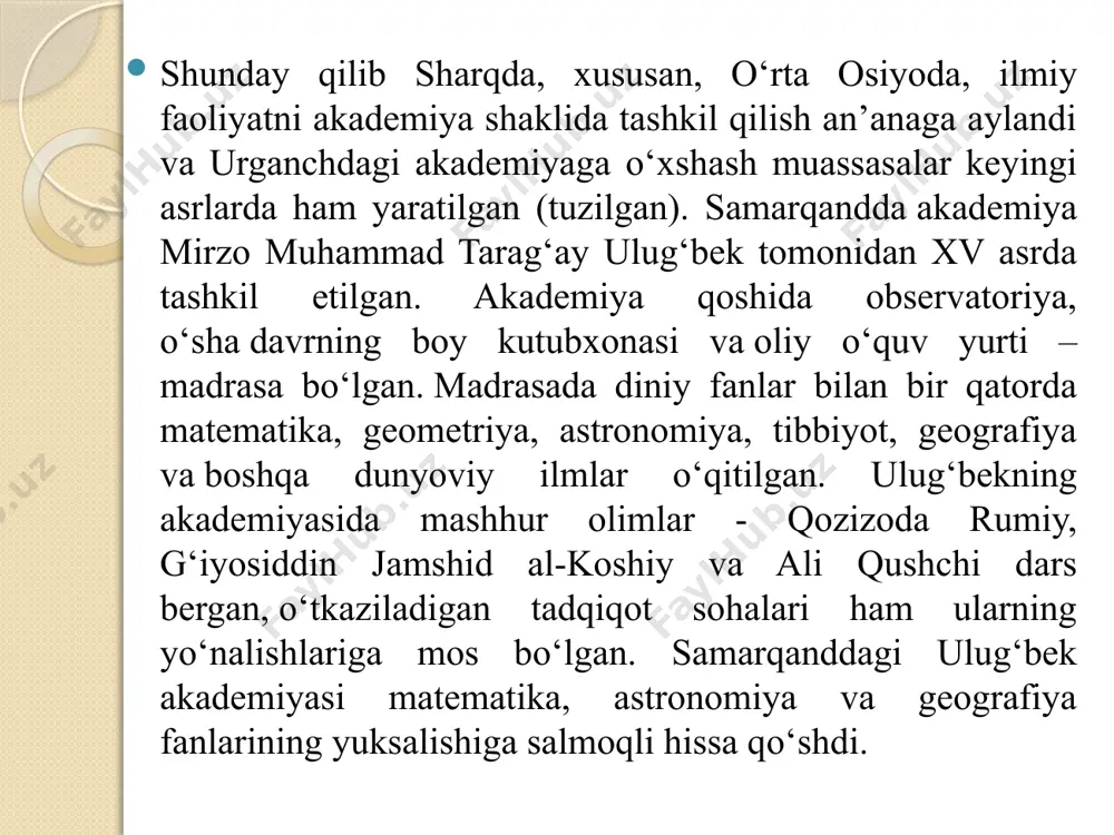 i. u yil fasllarining о‘zgarishini yerning quyoshga yaqinlashishi natijasida quyosh nurlarining yer sathiga ta’siri bilan bog‘liq deb hisoblagan, quyoshning tutilishi jarayonini ilmiy nuqtai nazardan aniqlagan. ali qushchining asarlari xvi-xvii о‘rta va yaqin sharqda astronomiya va matematika rivojiga salmoqli ta’sir qilgan. mirzo ulug‘bek, al-koshiy, ali qushchi sonlar nazariyasi ravnaqiga salmoqli hissa qо‘shishdi va astronomik kuzatuv bilimlarini yanada yuqori darajada kо‘tarishdi. 1428-1429-yillarda ulug‘bek radiusi 40 metr kvadrant bosh uskunasi bо‘lgan, о‘lchamlari tengsiz, noyob astronomik rasadxona qurgan. samarqandda 30 yillik kuzatishlar asosida tuzilgan 1018 yulduz katalogi uzoq yillar dunyoda tengsiz bo‘lib qoldi. ulug‘bek astronomiya maktabi yutuqlari sharq va g‘arb fani yuksalishiga katta ta’sir kо‘rsatdi. uning ilmiy asarlari dunyoning kо‘p tillariga tarjima qilindi, yevropa va amerikada keng tarqaldi. mirzo ulug‘bek jahon fani tarixida tixo brage, iogann kepper, nikolay kopernik va galileo galiley bilan bir qatorda turadi. m.v. lomonosov nomidagi mdu katta zalida barcha davrlar olimlariga bag‘ishlangan tarixiy xotira galereyasida о‘rta asrlarning mashhur olimi mirzo …