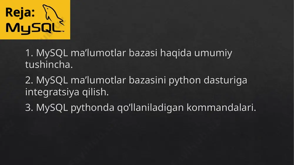 oratsiyasi tomonidan egallab olingan paytda allaqachon mavjud edi. python’da mysql bilan ishlash uchun bir nechta modullar mavjud. o‘rnatish: pip install mysql-connector-python import mysql.connector conn = mysql.connector.connect( host="localhost", user="yourusername", password="yourpassword", database="yourdatabase" ) cursor = conn.cursor() cursor.execute("select * from table_name") for row in cursor.fetchall(): print(row) conn.close() python dasturlash tilida mysql kabi ma’lumotlar bazalari bilan ishlash dasturiy ilovalarda katta ahamiyatga ega. ma’lumotlar bazalari ko‘p hajmdagi ma’lumotlarni saqlash, ularni tezkor qayta ishlash va izlash uchun xizmat qiladi. python va mysql integratsiyasi orqali dasturchilar foydalanuvchilar uchun kerakli ma’lumotlarni yaratish, o‘zgartirish va boshqarish imkoniyatiga ega bo‘ladi. ma’lumotlarni tizimli saqlash ma’lumotlarni to‘g‘ri strukturada saqlash va tartiblash, ularni boshqarishni osonlashtiradi. tezkor qidiruv va filtrlash mysql so‘rovlarini python yordamida yozish orqali katta hajmdagi ma’lumotlar ichida kerakli malumotlarni tezda topish mumkin. xavfsiz tizimi: ma’lumotlar bazalari bilan ishlashda xavfsizlikni ta’minlash, masalan, foydalanuvchi ma’lumotlarini himoya qilish uchun sqlga injection kabi xurujlarga qarshi choralar ko‘riladi. ma’lumotlarni qayta ishlash va hisobotlarni yozish. dasturlash orqali …