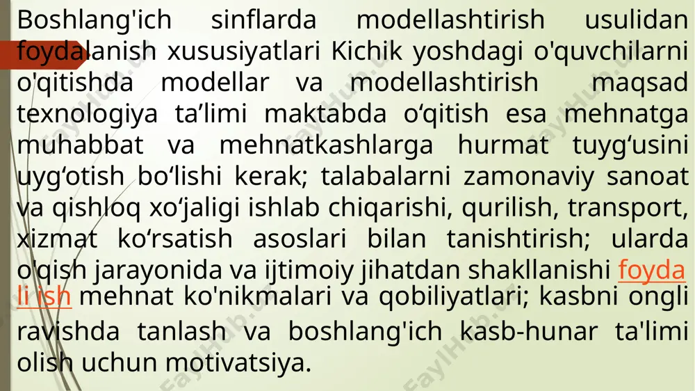 ash mashg‘ulotlarida namuna rasm va chizmalar berilgan o‘lcham konstruktor jamlanmasining detallari yoki turli materiallarni qo‘llab og‘zaki tasvirlash bo‘yicha texnik o‘yinchoqlar, modellar va maketlar tayyorlash nazarda tutiladi. bu mashg‘ulotlarda o‘quvchilar texnik o‘yinchoqlar va modellarni ishlatib namoyish qilishlari, ularni boshqarishlari, shuningdek, namoyish jarayonida konstruksiyaning detal va qismlari nomini aytishlari, ularning nimaga mo‘ljallanganligini bilishlari kerak. mashg‘ulotning bu turi o‘quvchilarda konstruktor-texnik tafakkurni, mustaqil rejalashtirish va o‘ylab qo‘yilgan texnik buyum (kema, avtomashina, samolyot, raketa va shu kabilar) modelini amaliy bajara olish ko‘nikmalarini o‘stirishda juda muhim o‘rin tutadi. modellash obyektlari ijtimoiy foydali yo‘nalishga ega bo‘lishi, ta’lim jarayonini ko‘rgazmali qurollar bilan jihozlashga yordam berishi kerak. o‘qituvchi chizmachilikka doir ishlarni asta-sekin kiritib boradi.texnik modellashda metall konstruktor bilan ishlash katta ahamiyatga ega. 1-sinfdagi texnik modellash bo‘yicha ishni bajarish jarayonida: 1. o‘quvchilar mashina, uning modeli va maketi haqida tasavvurga ega bo‘ladilar; 2. qo‘l asboblari va moslamalarning tuzilishi bilan tanishadilar, chunki ularning har ikkalasi bir izchilikka asos qilib olingan; 3. asboblarining …