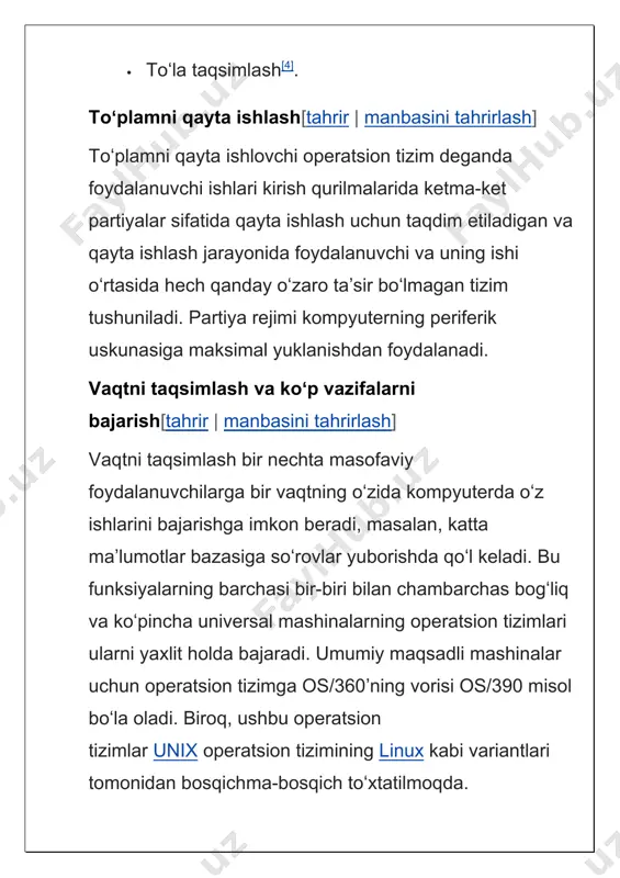 shni bajarishni xohlashini aytdi. odatda perfokartalar palubasi koʻrinishidagi bir nechta vazifalar toʻplami topshiriqlar paketi nomini oldi. uchinchi davr (1965-1980-yillar)[tahrir | manbasini tahrirlash] kompyuterlar rivojlanishining uchinchi muhim davri 1965-1980-yillarga toʻgʻri keladi. bu vaqtda texnik bazada tranzistorlar kabi alohida yarimoʻtkazgichli elementlardan integral mikrosxemalarga oʻtish sodir boʻldi, bu esa yangi, uchinchi avlod ehmlariga ancha keng imkoniyatlar berdi. bu davr, shuningdek, dasturiy taʼminotga mos keladigan mashinalar oilalarini yaratish bilan tavsiflanadi. integral mikrosxemalarga asoslangan dasturiy taʼminotga mos keladigan mashinalarning birinchi oilasi ibm/360 seriyali mashinalar ishlab chiqilgan edi. 1960-yillarning boshlarida qurilgan bu oila ikkinchi avlod mashinalaridan narx/unumdorlik jihatidan sezilarli darajada ustun keldi. tez orada dasturiy taʼminotga mos keladigan mashinalar gʻoyasi umum eʼtirof etildi. dasturiy taʼminot operatsion tizim muvofiqligini talab qildi. bunday operatsion tizimlar katta va kichik turli xil tashqi qurilmalarga ega katta va kichik hisoblash tizimlarida tijorat sohasida va ilmiy tadqiqot sohasida ishlashi kerak edi. ushbu qarama-qarshi talablarning barchasini qondirish niyatida tuzilgan operatsion tizimlar dizayn jihatidan …
