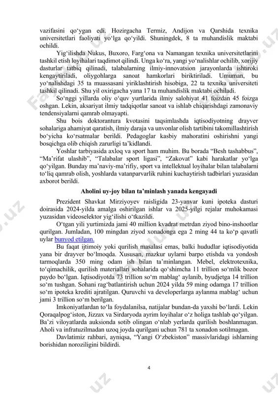 uchun 45 turdagi 21 mingta tibbiy uskuna va 6 ta reanimobil xarid qilinadi. germaniyaning kfw bankining 30 million yevro mablag‘i hisobiga qoraqalpog‘iston va xorazmdagi 19 tadan tibbiyot muassasasi yurak-qon tomir kasalliklarini davolovchi 862 ta uskuna bilan jihozlanadi. yana shu bankning 13,5 million yevro granti orqali termiz shahrida o‘quv markazi, talabalar turar joyi quriladi. bu markaz zamonaviy o‘quv-simulyatsiya va axborot texnologiyalari bilan jihozlanadi. davlatimiz rahbari jihozlash bu masalaning faqat bir qismi ekani, ularda ishlay oladigan malakali mutaxassislarni hozirdan tayyorlash kerakligini ta’kidladi. tegishli muassasalardagi shifokor va hamshiralarni qo‘shimcha o‘qitish vazifasi qo‘yildi. uskunalardan samarali foydalanish ham muhim. masalan, viloyatlarda angiograflar yuklamasi o‘rtacha 34 foiz. tomograf bo‘yicha holat ham har xil. shu bois, hokimliklar bilan birga, davlat shifoxonalaridagi yuqori texnologik uskunalardan samarali foydalanish bo‘yicha autsorsing va xususiy sheriklik loyihalari yo‘lga qo‘yilishi belgilandi. oliy ta’lim va ilm-fan sohasidagi ustuvor vazifalar ko‘rib chiqildi prezident shavkat mirziyoyev 22-yanvar kuni oliy ta’lim va ilm-fan sohasidagi ustuvor vazifalarga oid …