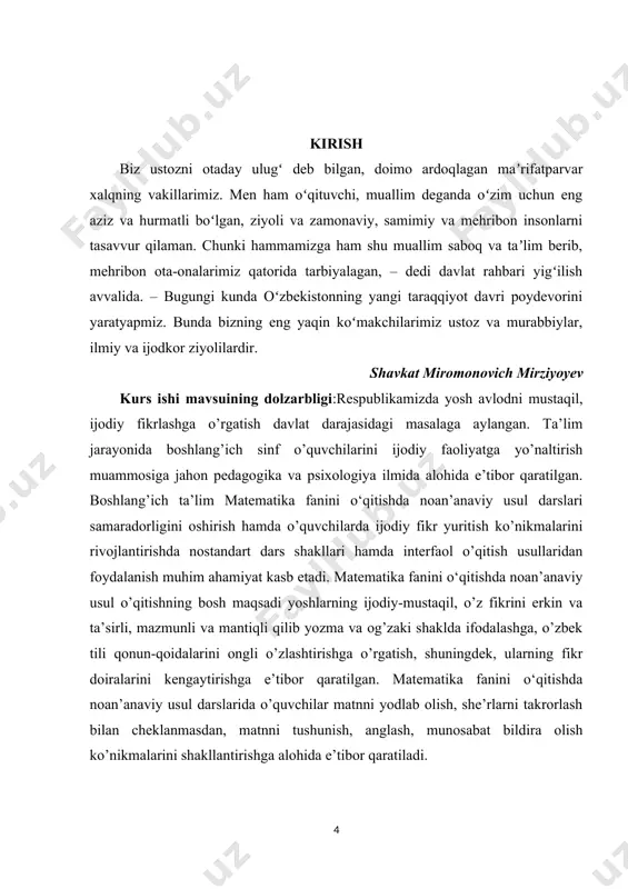 ardan iborat. boshlang’ich sinf o’quvchilariga matematikani muvaffiqiyat bilan o’qitish uchun mehnat faoliyatini boshlovchi o’qituvchi matematika o’qitishning ishlab chiqilgan tizimini, ya’ni boshlang’ich sinflarda matematika o’qitish metodikasini egallagan bo’lishi va shu asosda mustaqil ravishda ijodiy ishga kirishishi kerak. «metodika» grekcha so’z bo’lib, «metod» degani yo’l demakdir. matematika metodikasi pedagogika fanlari tizimsiga kiruvchi pedagogika fanining tarmog’i bo’lib, jamiyat tomonidan qo’yilgan o’qitish maqsadlariga muvofiq matematika qonuniyatlarini matematika rivojining ma’lum bosqichida tadqiq qiladi. matematika boshlang’ich ta’lim metodikasining predmeti quyidagilardan iborat: matematika o’qitishdan ko zda tutilgan maqsadlarni asoslash. (nima uchun o’qitiladi). matematika o’qitish mazmunini ilmiy ishlab chiqish (ya’ni matematikadan qaysi material boshlangich sinflarda o’rganilishi, nima uchun aynan shu material tanlanishi, boshlangich sinflarda kursning har qaysi ayrim masalasi umumlashtirishning qanday darajasida o’rganilishi, mavzular qanday tartibda o’rganilsa, eng ratsional bo’lishi ko’rsatiladi). o’qitish metodlarini ilmiy ishlab chiqish. (qanday o’qitish kerak, ya’ni o’quvchilar hozirgi kunda zarur bo lgan bilim, malaka, ko nikmalarni va aqliy qobiliyatlarini egallab oladigan bolishlari uchun oquv …