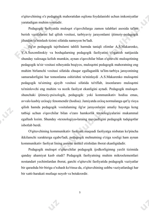 entlari nostandart yechimlardan iborat, garchi o'qituvchi faoliyatida pedagogik vaziyatlar bir qarashda bir-biriga o'xshash ko'rinsa-da, o'qituvchining ushbu vaziyatlardagi har bir xatti-harakati mutlaqo noyob va betakrordir. o'qituvchining ijodiy pedagogik faoliyati tahlil qilinganda, mukammal shaklga ega bo'lgan tizimlardan iborat ekanligini ko'ramiz: - o'qituvchining sinfda, o'quvchilar jamoasi bilan ta'lim-tarbiyaviy maqsadlarga qaratilgan ijodiy tayyorgariigi; - o'quvchilar bilan bevosita o'zaro hamkorlik asosidagi ijodkorlik. o'qituvchining pedagogik muloqoti jarayonidagi ijodkoliigi bir nechta ko'rinishda namoyon bo'ladi: · o'qituvchming o'quvchilarni mukammal bilish jarayonidagi ijodkorligi; · ular bilan o'zaro hamkorlik tizimidagi ijodkorlik; · o'quvchiga bevosita ta'sirni tashkil qilishdagi ijodkorligi; · o'z; xulq-atvormi boshqara olishda (muloqotni o'zini-o'zi bilgan holda bir maromda olib borish) ijodkorlik; - o'quvchilar bilan o'zaro munosabatlarni tashikil qilish jarayonida ijodkorlik. modomiki shunday ekan, ta'kidlash lozimki, o'qituvchming muloqoti kasbiy-ijodiy kategoriya boiib, pedagogik faoliyatda o'qituvchi tomonidan ko'plab kommunikativ vazifalarni hal qilish jarayoni va ijobiy natijalar majmuasidir. o'qituvchi ta'lim-tarbiya jarayonida muntazam pedagogik ta'sir o'tkazish metodlari bilan ishlaydi: masalan, dars jarayonida yangi materialni …