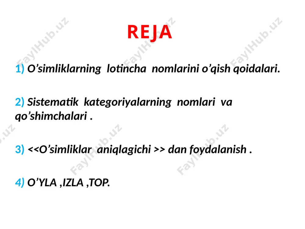 - purunus o o ko’pchilik hollarda trifolium- trifolium oe e ko’pchilik hollarda oenothera- enotera oe bunday hollarda e ustiga 2 nuqta qo’yiladi aloyo - aloe p p ko’pchilik hollarda pyrus – pirus ph f barcha hollarda phacelia- faselia qu kv barcha hollarda equisetum - ekvizetum r r barcha hollarda sorbus - sorbus s s ko’pchilik hillarda ribes – ribes z 2 unli orasida,m ,n,r bilan birgalikda rosa- roza sch sx barcha hollarda schisandra- sxizandra t t barcha hollarda triticum - tritikum ti tsi unlilardan oldin ,s,x,t dan keyin emas nicotiana- nikotsiana u u ko’pchilik hollarda rubus - rubus v q dan so’ng , aqu birgalikda kelganda aquilegia - akvilegia unlidan oldin , suaeda - sveda v,w v barcha hollarda vicia- vitsia x ks barcha hollarda carex – kareks y i barcha hollarda oryza – oriza z z ko’pchilik hollarda zea - zea 2) sistematik kategoriyalarning nomlari va qo’shimchalari . o’zbek …