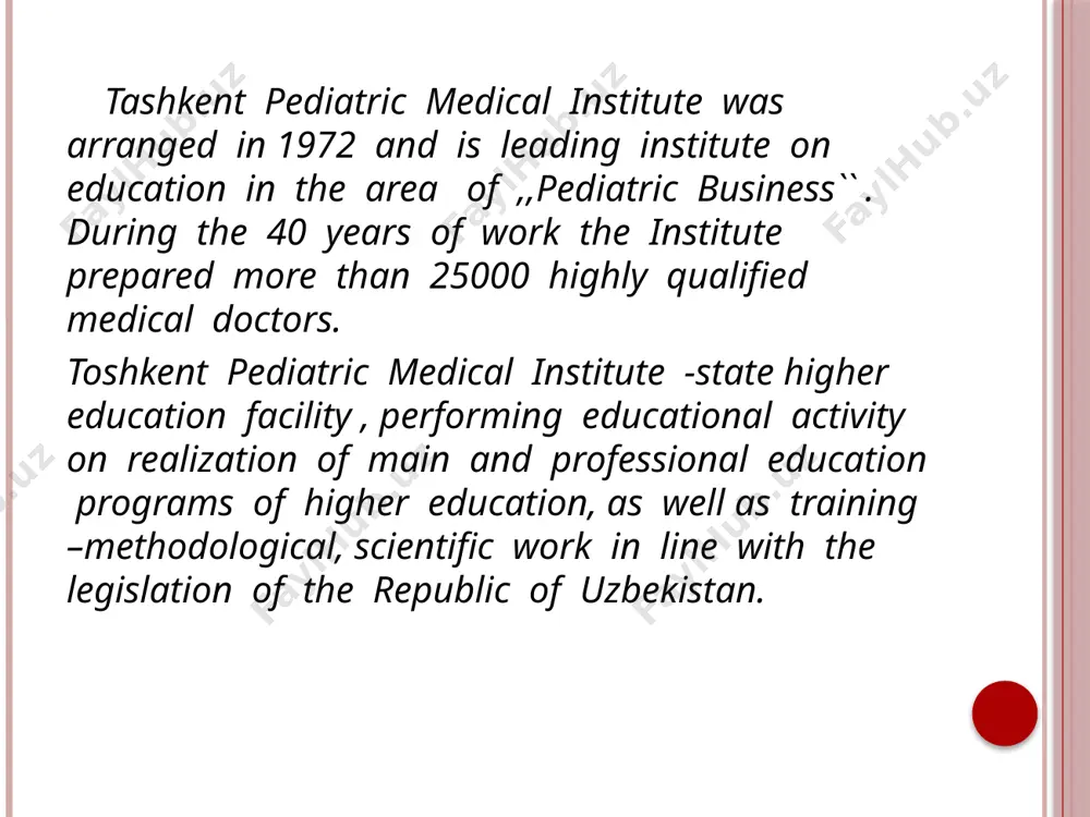e city of tashkent . the education in bachelarship is being performed in 4 directions pediatric business medical business professional education higher nursing business medical biology new medical building of the clinics of tashkent pediatric medical institute has been commissioned in the uzbek capital. representatives of the state and public organizations , scholars and doctors participated at the opening ceremony . new three-floor medical building of the clinics of tashpmi is equipped with modern equipment and technologies in the field of pediatrics. the building has department for newborns , pulmonology , neurology and cardioreumatology . the report said that launch of the medical building will improve quality and efficiency of medical services for population . tashkent pediatric medical institute offers courses and programs leading to offically recognized higher education degress in such as bachelor degress in several areas of study. handout 1. read the words several times, then make up …