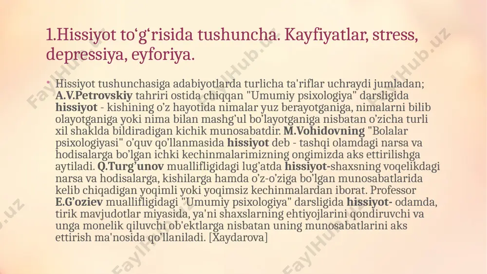 ga bo’ladilar, lekin ularning tashqi ifodasi ham bo’ladi. masalan, hushchaqchaq odam bilan g’amgin odamning yuz ifodasini ko’z oldimizga keltirib ko’rish mumkin. aynan mazkur jarayon psixologiyada ambivalentlik yoki ikki taraflamalik deb ataladi. ambivalentlik - lotincha har tomonlama kuchga ega ma'nosini anglatib kishining bir ob'ektning o’ziga nisbatan bir vaqtning o’zida paydo bo’ladigan bir-biriga qarama - qarshi emosional irodaviy holatdir. . kayfiyatlar: kayfiyat – bu u yoki bu emotsiyalarning barqaror kechinmasi. uzoq davom etuvchi, hulq-atvorni bezovchi emotsional holat. uni individning shaxsiy tomonlarini, asosiy hayotiy hissiyotlarini, ishiga nisbatan muvaffaqiyat yoki muvaffaqiyatsizlik, qulay yoki noqulay sharoit, odamlar munosabatlaridagi madaniyat darajasi, ichki holat kabilarni qamrab oluvchi ta’sirlar keltirib chiqaradi. kayfiyatda hissiyotlar va sezgilarning rag‘batlantiruvchi vazifasi, ularning inson faoliyatiga ta’siri namoyon bo‘ladi. kayfiyat ijobiy yoki salbiy, ma’lum jadallik, ifodalanish, zo‘riqish va barqarorlikka ega bo‘lishi mumkin. stress stress (инглизча stress so’zdan olingan bo’lib, o’zbekcha bosim, zo’riqish ma’nosini bildiradi)- xar hil turdagi ekstremal ta’sirlarga javob sifatida vujudga keluvchi inson …
