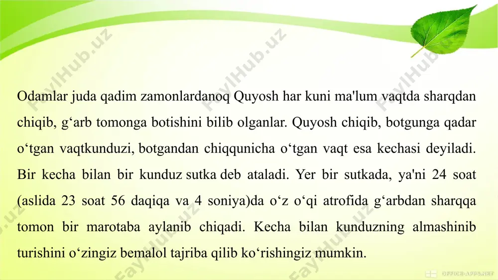tishi (21—22 dek.) kunlari qabul qilingan. janubiy yarim sharda bularning aksi boʻladi. yil fasllarining astronomik uzunligi: bahorniki 92,8 sutka, yozniki 93,6 sutka, kuzniki 89,8 sutka va qishniki 89,0 sutka, biroq turli zonalarda yil fasllarining uzunligi turlicha boʻladi. nega yil fasllari almashinib turadi? buni tushunish uchun yuqoridagi rasmni tahlil qilamiz. rasmda yerning quyosh atrofida aylanayotgan turli vaqtlaridagi holati tasvirlangan. iyun oyida shimoliy yarimshar quyoshga ko‘proq qarab turadi. 22 iyunni yozgi quyosh turishi kuni deyiladi. quyosh ufq ustida eng baland ko‘tariladi. shimoliy yarimsharda yoz, janubiy yarimsharda esa qish bo‘ladi. 21 mart va 23 sentabr kunlari esa quyosh ikkala yarimsharni bir xilda yoritadi. bu kunlarni bahorgi va kuzgi teng kunlik deyiladi. 22-dekabrda esa yer janubiy yarimshari bilan quyoshga qarab turadi. shimoliy yarimsharda kun eng qisqa, tun esa eng uzun bo‘ladi. bu vaqtda janubiy yarimsharda yoz, shimoliy yarimsharda esa qish bo‘ladi. 22 dekabrni quyoshning qishki turish kuni deyiladi. qutbiy doiralar. qutbiy doiralar qutb kuni …