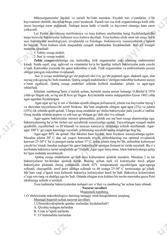 bu usulda oddiy ko’k lampa yorug’ligidan ham foydalanish mumkin, buning uchun yorug’lik ko’k yorug’lik diametri orqali o’tkazdiriladi. flyuoressensiya usuli yordamida o’lik hujayralarni tiriklaridan ajratish mumkin. elektron mikroskop. elektron xodisalar fizikasini rivojlanishi, 40 chi yillarda elektron mikroskop kashf qilishiga sabab bo’ldi.elektronlar oqimi to’lqin uzunligi,yorug’lik to’lqin uzunligiga nisbatan bir necha marta qisqa, shu sababli juda kichkina detallarni ko’rish mumkin.shisha linzalar o’rniga «elektron linzalar»ya’ni elektron magnit maydon ishlatiladi.elektronlar kuchli tarqashi va yutish xususiyatga ega bo’lganliklari sababli turli malekulalar tomonidan yutiladi shu sababli hamma sistema baland vakumga (simob ustuniga nisbatan 10-4 mm gacha) solinishi shart. ob’ekt suvsizlantirilishi shart, aks xolda suv qaynab ketishi natijasida ob’ekt buziladi.ob’ektni elektronlar oqimi bilan nurlantirilganda, unda termik va radiatsion o’zgarish kuzatiladi. ruxsat etilgan masofa, ya’ni zarrachalar orasidagi masofa, zamonaviy elektron mikroskoplar uchun 10 a bo’lib unda 100 ming marotaba kattalashtiriladi.odatda mikrobiologlar 10- 30 ming marta kattalashtirishdan foydalanadilar. elektron mikroskop virus va faglarning tuzilishi va korpuskulyar tabiatini aniqlash imkonini berdi, …