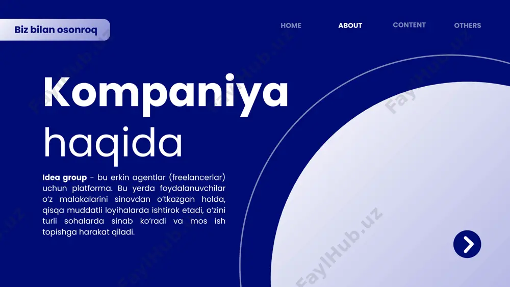 d, telefon, email) shartnomalar va reyting asosida yechim topish tizimi har bir bitimdan komissiya (5–15%) premium a’zolik (ko‘proq buyurtma olish imkoniyati) reklama joylashtirish (freelancerlar o‘z xizmatlarini ko‘rsatish uchun) qo’shimcha imkoniyatlar foydalanuvchi faoliyati tahlili: qaysi xizmatlar ommabop, kim tez javob beradi. tavsiya algoritmi: o‘xshash xizmatlar asosida yangi freelancerlar yoki ishlar taklif qilinadi. baholash tizimi: har bir freelancerning ish sifatini reyting asosida bi orqali kuzatish. ish bozoridagi tendensiyalar: eng talabgor sohalar va malakalar haqida hisobotlar. profilga izoh qoldirish imkoniyati mutaxassislar uchun jonli portfoliolar (video yoki loyiha tarixi) forum / blog: foydalanuvchilar o‘z tajribalarini, maslahatlarini ulashadi. biz bilan osonroq content others home about moliyaviy hisobot biz bilan osonroq content others home about boshlang’ich xarajatlar moliyaviy hisobot biz bilan osonroq content others home about oylik xarajatlar moliyaviy hisobot biz bilan osonroq content others home about oylik tushum moliyaviy hisobot biz bilan osonroq content others home about 1 yillik prognoz swot kuchli tomonlari: mamlakatda ishsizlik …