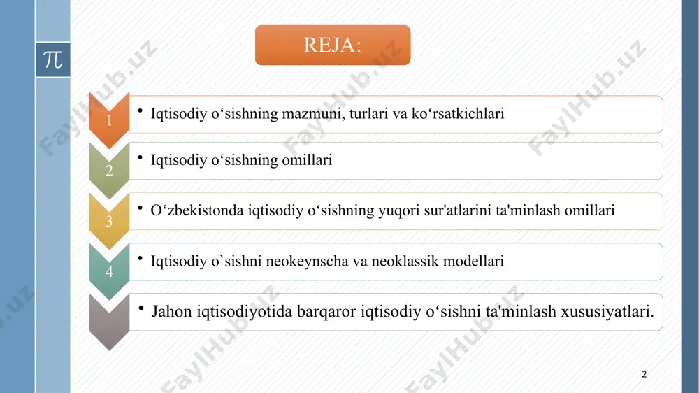 arni oʻsishini cheksizlik oʻrtasidagi asosiy ziddiyatni yangi darajada hal etish va qayta ishlab chiqarishdan iborat. 15 ushbu ziddiyat ikki usullar bilan hal etilishi mumkin: ishlab chiqarish imkoniyatlarini koʻpaytirish hisobidan; mavjud ishlab chiqarish imkoniyatlaridan samarali foydalanish va ijtimoiy extiyojlarini rivojlantirish hisobidan hal etilishi mumkin. 16 “iqtisodiy oʻsishning sifati” tushunchasi mamlakatning iqtisodiy rivojlanishini ijtimoiy yoʻnaltirilganini kuchayishini ifodalaydi. 17 iqtisodiy oʻsish sifatini tarkibiy qismlari quyidagilardan iborat: -aholining moddiy farovonligini yaxshilanishi; -shaxsining xar tomonlama rivojlanishini asosi xisoblangan boʻsh vaqtini koʻpayishi; -ijtimoiy infratuzilma tarmoqlari rivojlanish darajasini oʻsishi; -inson kapitaliga sarflanadigan investisiyani oʻsishi; -kishilarning turmush va mexnat sharoiti xavfsizligi ta'minlash; -ishsizlarning va mexnat qobiliyatiga ega boʻlmagan axolini ijtimoiy ximoya qilish; -mexnat bozoridagi taklif oʻsib borayotgan sharoitda toʻla bandlikni qoʻllab-quvvatlash; 18 iqtisodiy oʻsishning yangi sifatiga oʻtish quyidagilarni anglatadi: -iqtisodiy rivojlanishga asosan ilmiy-texnika taraqqiyotini omillari xisoblangan kompyuterlar, resursni tejaydigan texnologiyalarni qoʻllash orqali erishiladi; -iqtisodiy rivojlanishga tovar va xizmatlarni sifatini oshirish va sogʻlom raqobat muhitini kuchaytirish hisobiga erishiladi; -iqtisodiy …