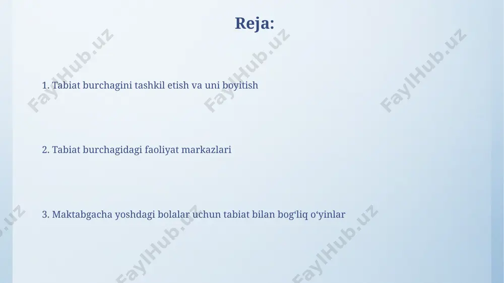 boyitish mumkin. ijodiy va badiiy faoliyatlar tabiiy materiallardan kollaj yaratish, 10-15 ta turli xil elementlardan foydalanib, bolalarning ijodiy fikrlashini rag‘batlantiradi va ularning estetik didini rivojlantiradi. tabiiy materiallar, masalan, 5-7 turdagi barglar, toshlar va shoxchalar yordamida 3d hayvonlar yoki manzaralar yaratish bolalarning fazoviy tasavvurlarini rivojlantiradi va nozik motorikasini yaxshilaydi. e'tiboringiz uchun rahmat @taqdimot_robot image4.png image5.jpg image6.jpg image7.jpg image8.jpg image9.jpg image3.jpeg