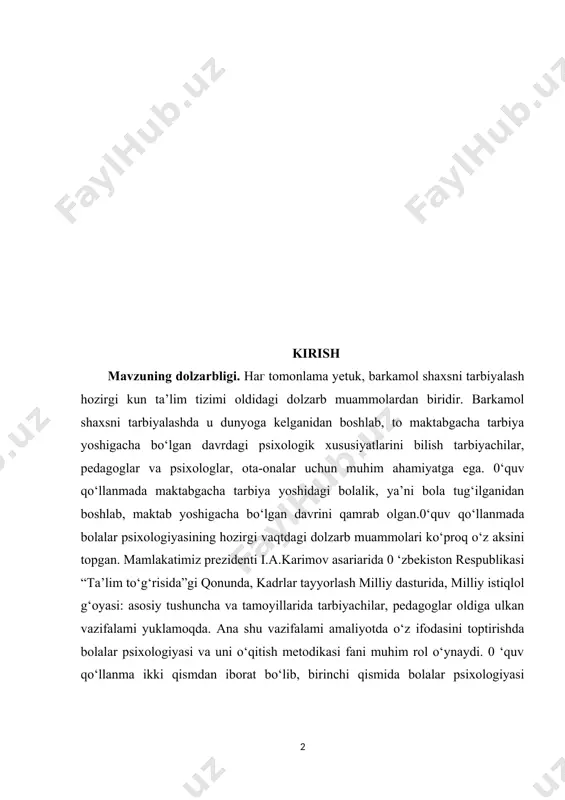 n jihatlarining shakllanishi chuqur tahlil qilingan. qo‘llanmaning ikkinchi qismida bolalar psixologiyasi, umumiy psbcologiya, yosh va pedagogik psixologiya kabi fanlardan ma’ruza, seminar, laboratoriya mashg‘ulotlarini tashkil etish bo‘yicha qimmatli materiallar berilgan dolzarb mavzudagi muamolardan biridir.bolalar psixologiyasi - psixologjya fanining alohida tarmog‘i bo‘lib, u turli yosh davriari bola psixik taraqqiyotining qonuniyatlarini, shuningdek, bir yosh bosqichidan boshqasiga o‘tish qonuniyatlarini o`rganadi. bolalar psixologiyasi fanining asosiy e’tibori tug‘ilgandan yetuklik davrigacha inson. psixikasi va ongning qanday rivojlanishiga qaratilgan. d.b.elkonin ta' kidlaganidek, bola jamiyat a’zosi va shaxs sifatida shakllanib borar ekan, uning psixikasi rivojlanib, olamni aks ettirish qobiliyati go‘dak!ikdan yetuklik davrigacha murakkablashib va takomillashib boradi. ushbu jaiayonning o‘ziga xos xususiyatlari, uning qonuniyatlarini bolalar psixologiyasi tadqiq etadi. maqsad va vazifalari. 1) bolalar psixologiyasini o`rganishdan maqsad bolalarda kechadigan muammolarni tez samarali o`rganish 2) maktabgacha ta`lim muassasasida tajriba o`tkazish. 3) bolalar psixologiyasini chuqur o`rganish 4) yig`ilgan ma`lumotlar asosida xulosa va tavsiyalar ishlab chiqish. 5) taqdimot va rasmlar tayyorlash. tadqiqotning obyekti va …