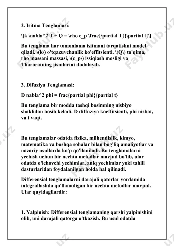 differensial tenglamalarni yechishda va har bir masalaga mos keladigan muammoni hal qilishda ishlatiladi. har bir metodning o'ziga xos afzalliklari va chegaralari mavjud. qaysi metodni tanlash kerakligi, berilgan masala, tenglama turlari va yechishning talab etilgan aniqligi boyicha bog'liq bo'ladi. n-tartibli bo'lmagan differensial tenglamalarni o'zgarmasni variatsiallash usuli, yoki qo'llanish vaqtida "variatsion metod" deb ataladi. bu usul differensial tenglamalarni yechishda ishlatiladi, masalan, energetikada, fizikada, mühendislikda va boshqa sohalarda. variatsion metod asosan quyidagi tartibda amalga oshiriladi: 1. variatsiyalash: asosiy differensial tenglamani belgilangan tartibda variatsiyalab chiqiladi. bu, parametrlar to'plamidan foydalanish orqali amalga oshiriladi. masalan, belgilangan funksiyalar uchun parametrlarni qo'llash, ularning qiymatlarini o'zgartirib ko'rish va eng optimal bo'lgan qiymatlarni aniqlashni o'z ichiga oladi. 2. variatsiyalar orasida boshlangich shartlar yechish: olinayotgan variatsiyalar orasida boshlang'ich shartlarni qondirish, ya'ni bir necha variatsiyalar asosida tenglamani yechishni boshlash uchun boshlang'ich shartlarni belgilash. 3. funksional tuzish: differensial tenglama quyidagi ko'rinishda tuziladi: f[y(x)] = \int_{x_1}^{x_2} l(x, y, y', \ldots, y^{(n)}) \, dx bu …