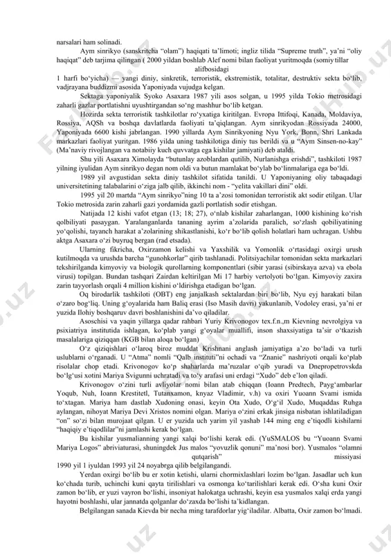 ar harakati; · neo- va kvaziorientalistik maktablar va kultlar - “tirik axloq”(agni yoga), krishnani anglash jamiyati, transsendental meditasiya, aym-sinrekyo, saxadja-yoga va b.); · yangi majusiy tashkilot va kultlar - “runvira” ukrain milliy e’tiqodi cherkovi, rossiya jarangli kedrlari, omsk “qadimgi diniy e’tiqodiga qaytish kulti” va boshqalar kiradi. sekta so‘zi, eng umumiy ma’noda, muayyan diniy, siyosiy yoki falsafiy qarashlarga ergashuvchilar guruhini anglatadi. diniy sekta deganda ma’lum bir dindagi rasmiy aqidalarga zid ravishda ajralib chiqqan yoki mavjud dinlar va konfessiyalarga umuman aloqasi bo‘lmagan holda din bayrog‘i ostida faoliyat ko‘rsatadigan guruhlar tushuniladi. bugungi kunda har ikkala yo‘nalishga mansub bo‘lgan ko‘plab sektalar faoliyat ko‘rsatmoqda. mutaxassislar ularning sonini taxminan 5000 atrofida, deb baholaydilar. zamonaviy voqelik diniy-yekstremistik xarakterdagi sektalarning inson ongi va qalbi uchun kurash yo‘lidagi faoliyatining jonlanishi kuzatilayotganini ko‘rsatmoqda. xususan, ma’lumotlarga ko‘ra, bizga qo‘shni bo‘lgan davlatlarda "bogorodichiy sentr", "serkov ob’edineniya", "serkov isusa", "serkov novogo zaveta", "beloe bratstvo", "bojestvennbiy orden pervogo angela" kabi o‘nlab diniy sektalar noqonuniy …