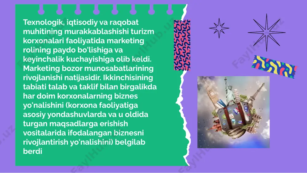 amalga oshirilsa. bunda gap marketing kontseptsiyasidan foydalanish haqida ketmoqda, bunda korxona foydasi ishlab chiqarilgan tovarlarni xaridorlarga yuklash orqali emas, balki ularning ehtiyojlarini raqobatchilarga qaraganda samaraliroq qondirish orqali ta'minlanadi. shunday qilib, ishlab chiqaruvchilar va iste'molchilar manfaatlari muvozanatiga erishiladi. tourism e’tiboringiz uchun tashakkur! credits: this presentation template was created by slidesgo, including icons by flaticon, and infographics & images by freepik image1.jpeg image2.jpeg image3.jpeg image4.jpeg image5.jpeg image6.jpeg image7.jpeg image8.jpeg image9.jpeg image10.jpeg