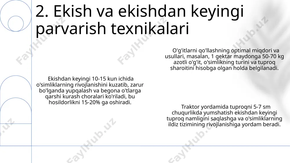 ombaynning kuchiga, o'rim-yig'im texnologiyalariga va hosilning zichligiga bog'liq. g'ildirakli traktorlarning aylanma radiusi va o'tkazuvchanligi tuproqning turiga va namligiga bog'liq bo'lib, har xil sharoitlar uchun turli xildagi shinalar qo'llaniladi, masalan, chuqur o'yilgan shinalar nam tuproqlar uchun mos keladi. 11. traktorlarning turlari va xususiyatlari пахта териш машиналарининг ишлаш тезлиги соатига 1-1,5 гектарни ташкил этиб, бу ҳосил йиғим-теримининг тезлиги ва самарадорлигини оширади, шу билан бирга, меҳнат харажатларини камайтиради. ғалла ўримида комбайнларнинг ишлаш самарадорлиги ҳар гектарга 3-5 тонна ҳосил олишда 25-30% гача ошиши мумкин, бу эса ёнилғи тежовчи технологияларни қўллаш билан боғлиқ. картошка териш комбайнлари бир соатда 0,5-1 гектар майдонни ишлайди ва ҳосилнинг механик зарарланишини 5-7% гача камайтириш имконини беради, бу сифатни яхшилайди. 12. hosilni yig'ishtirish texnikalari mexanizatsiyalashgan dehqonchilik suv resurslaridan 10-15% tejash imkonini beradi, chunki suvni tejaydigan texnologiyalar qo'llanilishi mumkin. zamonaviy traktorlar va texnik vositalar yordamida 1 gektar maydondan olingan hosil miqdori 2-3 barobarga oshishi mumkin, bu esa fermer xo'jaliklarining rentabelligini sezilarli darajada …