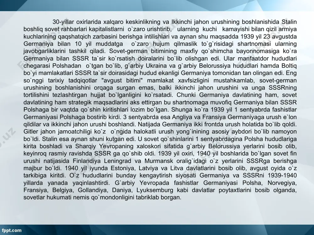 is qo`mondonligini tabriklab borgan. urush yillarida o`zbekistonga frontda yarador bo`lgan jangchilar ko`plab keltirildi. urush boshlangandayoq respublika hukumati gospital bazasini tashkil qilishga kirishgan edi. 1941 yil 1 oktyabrgacha o`zbekiston sog`liqni saqlash xalq komissarligi tizimida 14950 o`ringa ega bo`lgan 47 gospital barpo etildi va zarur uskunalar bilan jihozlandi. faqat moskva, kalinin, rostov va boshqa viloyatlardan 15900 o`rin-karavotga ega bo`lgan 48 gospital respublikamizga ko`chirib keltirildi va ishga tushirildi. evakuatsiya qilingan gospitallarga toshkentdagi va o`zbekistonning boshqa yirik shaharlaridagi eng yaxshi binolar ajratib berildi. 1942 yilning oxirida o`zbekiston hududida 39140 o`ringa ega bo`lgan 113ta evakuatsiya gospitallari joylashtirildi. urush yillarida bu gospitallarga 164382 yarador keltirilgan bo`lib, ulardan 87 foizi davolanib chiqdi. davolanayotgan jangchilarning to`laqonli ovqatlanishni tashkil qilish uchun 750 dan ortiq korxona, tashkilot, kolxoz va sovxozlar gospitallarni otaliqqa oldi va butun o`zbek xalqi yaradorlarga g`amxo`rlik qildi. urush yillarida o`zbekiston sanoati va qishloq xo`jaligi yashin tezligida urush olib borish rejasiga ega bo`lgan nemis-fashist qo`shinlari shiddat bilan sharqqa …