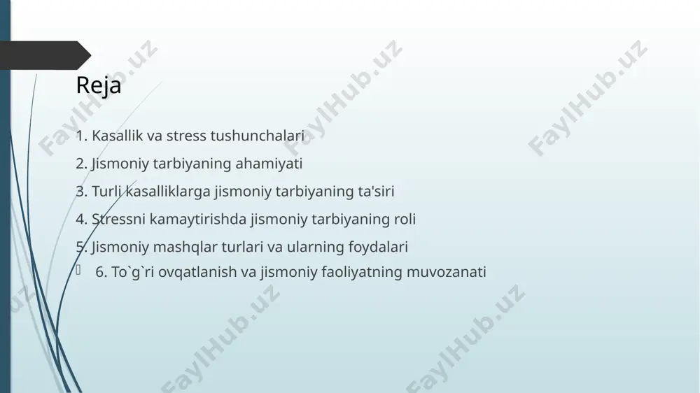 erak. yurak-qon tomir kasalliklari va jismoniy tarbiya nafaas olish a'zolari kasalliklari ham juda keng tarqalgan. jismoniy tarbiya bu kasalliklarning oldini olishga yordam beradi. muntazam mashqlar o`pka sig`imini oshiradi. u nafas olish funksiyasini yaxshilaydi. jismoniy faoliyat immunitet tizimini mustahkamlaydi. bu esa nafas olish yo`llarining infektsiyalaridan himoya qiladi. nafaas olish a'zolari kasalliklaridan aziyat chekayotganlar uchun shifokor bilan maslahatlashish juda muhimdir. shifokor individual mashqlar rejasini tuzib beradi. jismoniy mashqlarni asta-sekin boshlash kerak. nafaas olish a'zolari kasalliklari va jismoniy tarbiya stress zamonaviy hayotning ajralmas qismidir. u turli salbiy oqibatlarga olib kelishi mumkin. stress immunitet tizimini zaiflashtiradi. u yurak-qon tomir tizimiga salbiy ta'sir qiladi. stress asab tizimiga ham ta'sir qiladi. u uyqusizlik va bosh og`rig`iga sabab bo`lishi mumkin. stressdan xalos bo`lish uchun turli usullar mavjud. jismoniy tarbiya esa stressni kamaytirishda juda samarali usul hisoblanadi. stress va uning ta'siri jismoniy mashqlar stress gormonlarining darajasini pasaytiradi. u endorfinlar ishlab chiqarilishini rag`batlantiradi. endorfinlar tabiiy og`riq qoldiruvchi va kayfiyatni …