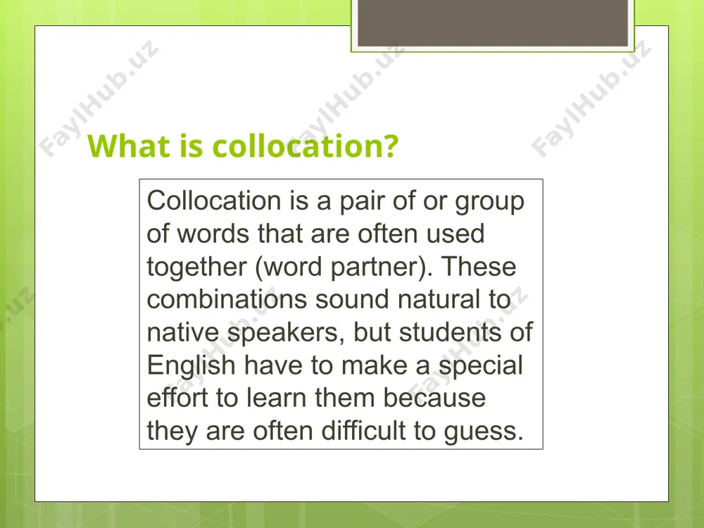 of, absent from, accountable to (with), answerable for. 4- verb-participle combination (phrase verbs). some verbs need to be followed by specific adverbial particles. these are called “phrasal verbs” whose meaning is different from the meaning of the separate constituents of the verb and the particle in transitive phrase verbs, the particle (adverb) can generally occur before and after the direct object. did you make up this story? did you make this story up? how do you account for this phenomenon’s? how do you account this phenomenon for? lexical collocations lexical collocations contain no subordinate element; they usually consist of two equal lexical components. types of lexical collocations 1-noun-verb combinations snow was falling as our plane took off. the bomb went off when he started the car engine. 2- adjective-noun combinations the doctor ordered him to take regular exercise. the titanic sank on its maiden voyage. verb-noun combination a. verbs denoting …