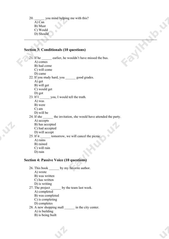 my homework. c) she asks if i finished my homework. d) she asked if i finish my homework. 39. “i can help you,” he said. a) he said that he can help me. b) he said that he could help me. c) he said that he helps me. d) he said that he will help me. 40. “don’t touch that,” she told me. a) she told me not to touch that. b) she tells me not to touch that. c) she told me don’t touch that. d) she told me to not touch that. 41. he said, “i’ll be there at 7 pm.” a) he said he’ll be there at 7 pm. b) he said he would be there at 7 pm. c) he says he will be there at 7 pm. d) he said he is there at 7 pm. 42. she asked, “have you seen my keys?” a) …