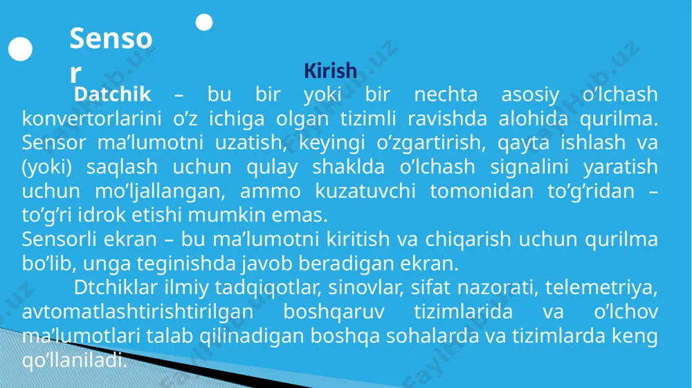 etilishi mumkin. datchiklar jismoniy miqdorni o'lchashni ta'minlaydigan o'lchov vositalariga kiritilishi mumkin, ularning natijalari keyinchalik o'lchov vositasi operatori tomonidan idrok etish uchun o'zgartiriladi. sensorlarni qo’llash avtomatlashtirilgan boshqaruv tizimlarida sensorlar tashabbuskor, faollashtiruvchi uskunalar, klapanlar va dasturiy ta'minot sifatida harakat qilishi mumkin. bunday tizimlardagi sensorlarning o'qishlari, qoida tariqasida, kuzatish, qayta ishlash, tahlil qilish va displey yoki bosib chiqarish moslamasiga chiqarish uchun xotira qurilmasiga yoziladi. datchiklar robototexnikada katta ahamiyatga ega bo'lib, ular retseptorlar vazifasini bajaradi, ular orqali robotlar va boshqa avtomatik qurilmalar tashqi dunyo va ularning ichki organlaridan ma'lumot oladi. kundalik hayotda sensorlar termostatlar, kalitlar, termometrlar, barometrlar, smartfonlar, idishlarni yuvish mashinalari, pechkalar, tosterlar, dazmollar va boshqa maishiy texnika vositalarida qo'llaniladi. sensorlarni qo’llash sensor (datchik) turlari. sensor tasnifi o'lchov usuli bo'yicha (kirish miqdorlarining turi) faol (generator) passiv (parametrik) konvertatsiya signallarining dinamik tabiati bo'yicha diskret (pulsli poezd ko'rinishidagi diskret vakillik) uzluksiz (uzluksiz jarayon sifatida) o'lchov signallarining turi bo'yicha analog raqamli etkazish vositasi bo'yicha simli simsiz kiritilgan …
