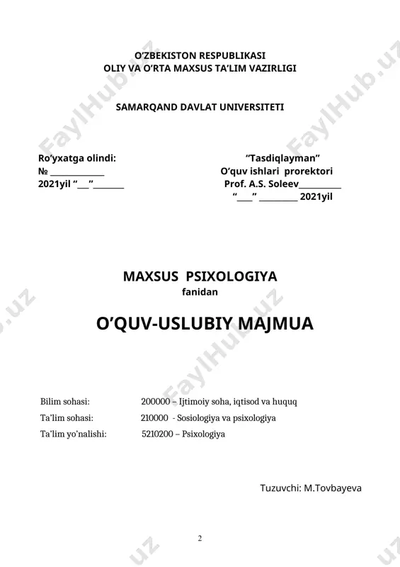 t, shaxs va predmetlar olami orasidagi munosabat, vokelikni anglashi, olamning psixologik tahlili, psixologik hodisalarning kechishi, psixologiyaning tarixiy va nazariy rolini jamiyatda olib borilayotgan ishlar orqali amalga oshirishga qaratilanligi bilan tavsiflanadi. fanning maqsadi: talabalarda maxsus psixologiya bo‘yicha bilim, turli nuqsoni mavjud bo‘lgan insonlar psixologiyasini o‘rganish va tahlil qilish yuzasidan ko‘nikma va malakalarni shakllantirish. fanning vazifasi: 1) rivojlanishida turli nuqsoni mavjud bo‘lgan shaxslar psixologiyasini o‘rganish; 2) har bir nuqsonning inson psixologiyasiga ta’siri va va shu nuqson xususiyatiga ko‘ra psixologik jihatlarini o‘rganish; 3) nuqsoni mavjud bo‘lgan shaxslarni amaliy o‘rganish usullari haqidagi tushunchalarni shakllantirish. amalga oshirish yo‘llarini ishlab chiqish va amaliyotga tatbiq etishda muhim rol o‘ynaydi. maxsus psixologiya fan sifatida. defekt va kompensatsiya nazariyasi kirish. maxsus psixologiya fani predmeti va vazifalari. maxsus psixologiyaning tarixiy shakllanishi. maxsus psixologiyani o‘rganish ob’ekti. maxsus psixologiyani ilmiy tahlil etish uslublari. maxsus psixologiyaning tarmoqlari: tiflopsixologiya (ko‘zi ojiz shaxslarning psixologiyasi), surdopsixologiya (kar-soqov shaxslar psixologiyasi), oligofren psixologiyasi (aqliy rivojlanishda ortda qolganlar psixologiyasi). …