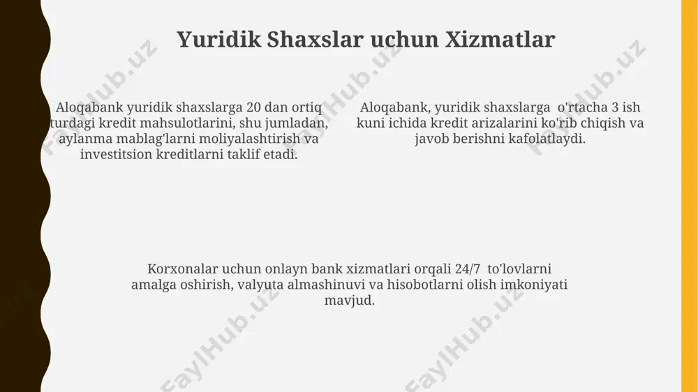 qabankning umumiy ma'lumotlari aloqabank xalqaro to'lov tizimlari, jumladan, visa va mastercard xizmatlarini taklif etib, mijozlarga qulay shartlarda 24/7 onlayn bank xizmatlarini taqdim etadi. aloqabank 1991-yilda tashkil topgan bo'lib, 30 yildan ortiq moliyaviy xizmatlar sohasida tajribaga ega va mamlakat bo'ylab 100 dan ortiq filiallar tarmog'iga ega. bankning aktivlari hajmi 2022 yil yakunlari bo'yicha 15 trillion so'mdan oshib, uning kapitali esa 2 trillion so'mdan ziyodni tashkil etdi. aloqabankning filial tarmog'i bankning keng tarmoqli filiali mijozlarga qulaylik yaratish maqsadida, aholi zich joylashgan hududlarda strategik joylashgan 20 dan ortiq yirik filiallari bilan farqlanadi. aloqabankning filiallar tarmog'i respublika bo'ylab 100 dan ortiq xizmat ko'rsatish punktlarini, shu jumladan, yirik shaharlardagi asosiy filiallarni va qishloq hududlaridagi kichik ofislarni o'z ichiga oladi. aloqabankning mijozlarga yaqin bo'lish strategiyasi doirasida, jumladan, masofaviy xizmat ko'rsatish kanallari bilan birgalikda, 50 dan ziyod kichik filial va mini-banklar faoliyat yuritadi. bankning xalqaro hamkorligi aloqabankning xalqaro moliyaviy institutlar bilan hamkorligi tufayli, u yirik loyihalarni moliyalashtirishda …