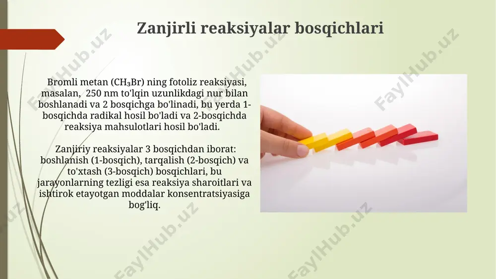 jir reaksiyalarining boshlanish energiyasi, masalan, 200 kj/mol bo'lishi mumkin, bu esa reaksiya jarayonida 1000 k ga yaqin harorat hosil bo'lishini samarqanddagi tajribalar ko'rsatdi. reaksiya davomida chiqariladigan energiya miqdori reaksiya ishtirokchilari konsentratsiyasi va reaksiya haroratiga bog'liq bo'lib, masalan, 1 mol reaktiv uchun 50-100 kj energiya ajralishi mumkin, bu esa toshkentda o'tkazilgan tadqiqotlarda tasdiqlangan. e'tiboringiz uchun rahmat @taqdimot_robot image1.jpg image2.jpg image3.jpg image4.jpg image5.jpg image6.jpg image7.jpg image8.jpg image9.jpg image10.jpg