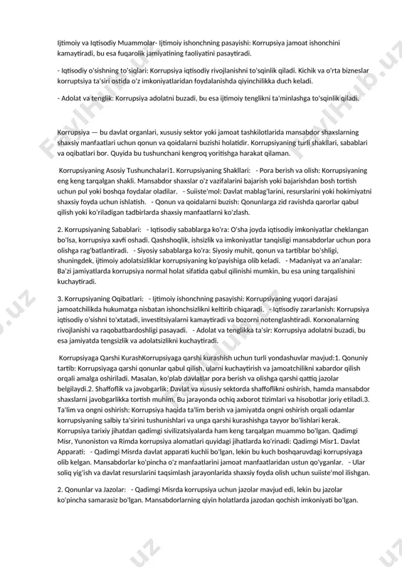 g zaiflashishiga olib keldi. boshqaruv apparatidagi korrupsiya siyosiy ishonchsizlikni oshirdi. o'rta asrlar- monarxiyalar davri: o'rta asrlarda monarxiyalar korruptsiya bilan to'la edi. pochta yig'ish va soliqlarni to'lash jarayonida mansabdorlar o'z foydalari uchun pulni talon-taroj qilishdi. bu jamoat resurslarining isrof bo'lishiga olib keldi.- katta diniy tashkilotlar: diniy rahbarlar ko'pincha o'z lavozimlaridan foydalangan holda hissa yig'ish va xayriya hisobidan daromad olishgan. bu holat, o'z navbatida, jamoatchilik ishonchini kamaytirdi. yangi davr- industrializatsiya: 17-18-asrlarda industrializatsiya jarayoni boshlanishi bilan iqtisodiy o'zgarishlar, shuningdek, korrupsiya ham ko'paydi. o'sayotgan sanoat va savdo sohalarida raqobat kuchayishi bilan mansabdorlar o'z manfaatlari uchun harakat qilishga ko'proq moyil bo'ldilar.- ijtimoiy harakatlar: korrupsiyaga qarshi kurash uchun ijtimoiy harakatlar paydo bo'ldi. inqiloblar va erkinlik harakatlari bu muammolarni hal etish maqsadida shakllandi. 20-asr va hozirgi zamon- qonuniy tartib: 20-asrning o'rtalaridan boshlab, ko'plab davlatlar korrupsiyaga qarshi qonunlarni kuchaytirish va yangi mexanizmlar yaratishga kirishdilar. bu qonunlar ko'plab mamlakatlarda ijtimoiy ishonchni tiklashga yordam berdi.- globalizatsiya va texnologiya: hozirgi kunda …