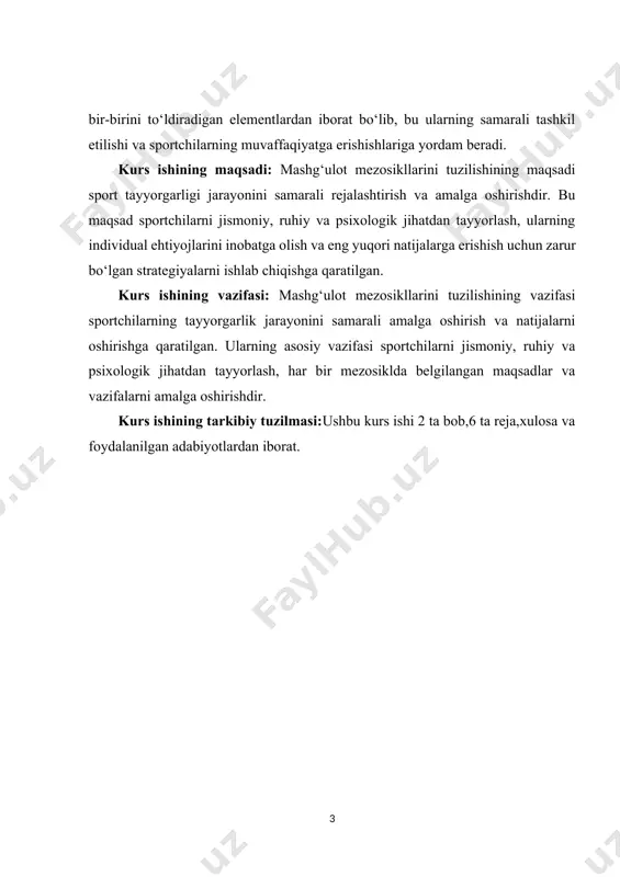 ‘ulotlarning ma'lum bir tartibda rejalashtirilgan davrlaridir. ular jismoniy tayyorgarlik, texnik ko‘nikmalar, taktikani o‘rganish va sportchilarning psixologik holatini yaxshilash kabi maqsadlarni o‘z ichiga oladi. mashg‘ulot mezosikllari quyidagi asosiy bosqichlarni o‘z ichiga oladi: tayyorgarlik mezosikllari, musobaqa mezosikllari va tiklanish mezosikllari. har bir mezosikl o‘ziga xos maqsad va vazifalarga ega bo‘lib, sportchilarning tayyorgarligini oshirish va ularni musobaqalarga tayyorlashda muhim ahamiyatga ega. ular bir-biriga bog‘liq va bir-birini to‘ldiradi, shuning uchun sportchilar va murabbiylar tomonidan to‘g‘ri rejalashtirilishi va amalga oshirilishi zarur. tayyorgarlik mezosikllari sportchilarning jismoniy, texnik va taktik tayyorgarligini oshirishga qaratilgan. bu davrda sportchilar o‘z mushaklarini kuchaytirish, chidamlilikni oshirish va muvozanatni yaxshilash uchun turli xil mashqlarni bajaradilar. tayyorgarlik mezosikllari davomida sportchilar o‘zlarining qobiliyatlarini rivojlantirish va tayyorgarlik darajasini oshirish uchun harakat qilishlari kerak. ushbu mezosikllarda jismoniy faollik ko‘proq bo‘lishi, turli xil mashqlar va treninglar o‘tkazilishi lozim. bu jarayon davomida sportchilar o‘zlarining kuchli va kuchsiz tomonlarini aniqlashlari, shuningdek, o‘z maqsadlariga erishish uchun zarur bo‘lgan ko‘nikmalarni o‘rganishlari mumkin. …