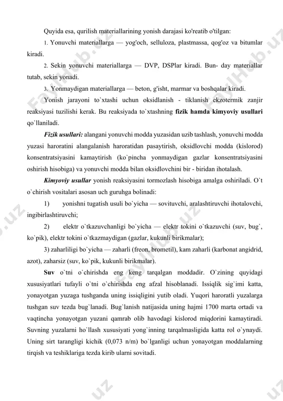 qo`shiladi. bu tadbir suv sarfini 2—2,5 marta va o`t o`chirish vaqtini 20—30 %ga kamaytiradi. keng tarqalgan on-1 ho`llovchi moddasidan suvga og`irligiga ko`ra 3,5—4 miqdor yoki «nekal» hb ho`llovchisi 0,7—0,8 miqdor qo`shiladi. so`nggi yillarda suv neft mahsulotlarini ham o`chirishda ishlatilmoqda. yong`in bo`layotgan yuzalarga u mayda zarrachalar holida sepiladi. bu mayda (0,1—0,5 mm kattalikdagi) tomchilar tezda bug`lanadi va bug` yonayotgan suyuqlik yuzasini qamrab olib kislorodni o`tkazmaydi. shuningdek, suv oxirgi paytlarda o`t o`chirishda keng qo`llanilayotgan havo-mexanik ko`pik hosil qilishda ham ishlatiladi. o`t o`chirishda suvning salbiy xususiyatlaridan biri uning elektr tokini o`tkazuvchanligidir. bu kuchlanish ostida bo`lgan uskunalarni o`chirish imkonini bermaydi. bundan tashqari, suv ayrim moddalar (kaliy, natriy) bilan kimyoviy reaksiyaga kirishib parchalanadi. parchalanish natijasida ajralib chiqadigan vodorod portlashi mumkin, kislorod esa yonishni kuchaytiradi. shuningdek, suv bilan kalsiy karbidini ham o`chirib boimaydi, chunki unga suv tekkanda yonuvchi gaz — atsetilen ajralib chiqadi. karbonat angidrid gazini yong`in chiqqan zonaga yo`naltirish natijasida u yerdagi havoning tarkibida kislorod …