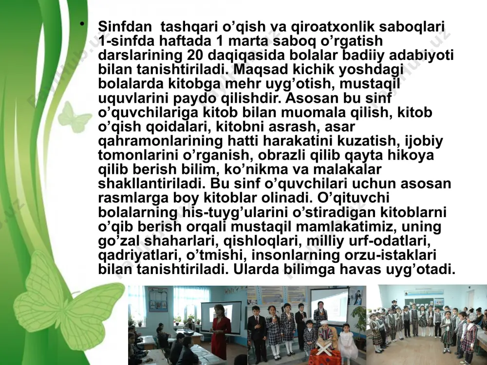 yutuqlari kabilarga bag`ishlanib o`tkazilishi mumkin. «non – rizq ro`zimizdir» nomli kechani o`tkazishga quyidagicha tayyorlanish mumkin. kecha ishtirokchilari: kechani olib boruvchi ikki o`quvchi tanlanadi. undan tashqari «non – rizq ro`zimizdir» mavzusida ma'ruzachi, badiiy o`qish, ashula, o`yin sahna ko`rinishlari uchun ijrochilar tanlanadi. free powerpoint templates page ‹#› ekskursiyalarni ahamiyati. ekskursiyalar tabiatda, qishloq xo`jaligi ishlab chiqarishi, muzey yoki vistavkalarda o`tkaziladigan darsdir. sinfda o`tkaziladigan dars va laboratoriya mashgulotlari bilan bir qatorda ekskursiyalar o`qitish protsessida katta ahamiyatga ega bo`lib, sinfda o`qitiladigan darslarda amalga oshirish imkoni bo`lmagan kamchiliklarni o`rnini to`ldirishda xizmat qiladi. ekskursiyani sinfdan deyiladigan darslardan farq qilib ekskursiya darslarida o`quvchilarning o`simlik va xayvonot dunyosining tarqalishi, ularning yashash sharoitlariga moslashganligi kabi qator xususiyatlarni tabiiy sharoitda ko`rsatish imkoniyati tug`iladi. tabiatdagi kuzatishlar o`quvchilarni mustaqil ishlash qobiliyatini o`stirishga, ularni tabiatga qiziqishini fikrlashga yordam beradi. o`quvchilar tabiatdagi narsa va xodimlarni kuzatar ekanlar ularda tabiatni o`rganishga bo`lgan intilishlari kuchayadi. tabiat go`zalliklari o`quvchilarni estetik didlarini rivojlanishiga yordam qiladi. ekskursiyalar vaqtida o`quvchilar tabiatni …