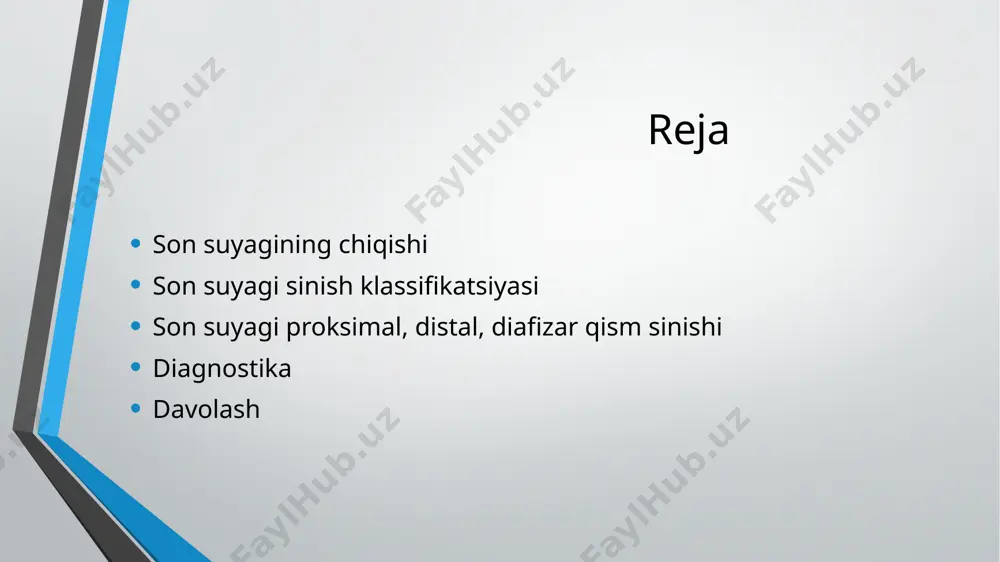 islokatsiyaning turi va qo‘shimcha suyak sinishlari bor-yo‘qligini aniqlashga yordam beradi. orqa yoki old dislokatsiya aniq ko‘rinadi. - agar suyak sinishi yoki bo'g'im bo'shlig'ida bo‘laklar bo'lsa, u ham rentgen yordamida aniqlanadi. diagnostika - kompyuter tomografiyasi (kt): agar rentgen tasvirlari aniq bo'lmasa yoki bo‘g‘imdagi boshqa jarohatlar, masalan, suyak sinishlari yoki bo‘g‘imlar atrofidagi strukturalarning shikastlanishini aniqlash zarur bo‘lsa, kt tekshiruvi o‘tkaziladi. kt suyaklarni uch o‘lchovli ko'rinishda ko‘rsatadi. - magnit-rezonans tomografiya (mrt): mrt bo‘g‘im, ligamentlar va yumshoq to‘qimalar shikastlanishini aniqlash uchun ishlatiladi. son chiqishida ba’zan bo‘g‘im atrofidagi nervlar va qon tomirlari ham zarar ko‘rishi mumkin, bu holat mrt orqali aniqlanadi. agar nevrologik simptomlar kuzatilsa, mrt kerak bo‘lishi mumkin. - angiografiya: agar son chiqishi qon tomirlarini zararlangan bo‘lsa yoki shifokor qon oqimida muammo bor deb gumon qilsa, angiografiya o‘tkazilishi mumkin. bu tekshiruv qon tomirlarining rentgen yordamida tasvirlanishini ta’minlaydi. diagnostika 4. nevrologik va qon tomirlarini baholash son suyagi chiqishi paytida nerv va qon tomirlariga zarar yetishi …