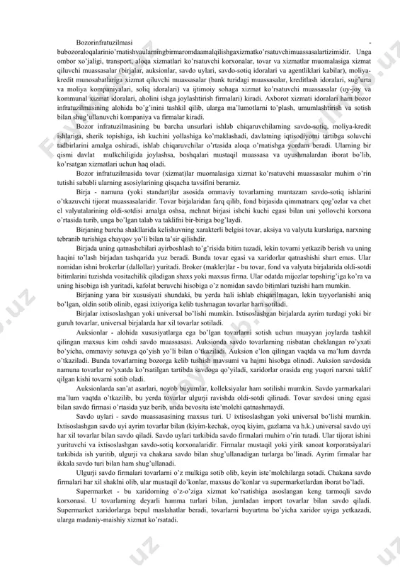 otiga o’tayotgan boshqa hamma mamlakatlardagi kabi bizning mamlakatimizda ham o’tish davri suronlarida ayrim adabiyotlarda bozor tushunchasiga yengil-elpi qarab uning almisoqdan qolgan eski, bir tomonlama, hozir ma’nosini yo’qotgan ta’rifini ko’rsatish hollari uchramoqda. turli mualliflar tomonidan yozilgan maqola va kitoblarda bozorga turlicha ta’rif berilib, u qizg’in munozaralarga sabab bo’lmoqda. ayrim mualliflar bozorni sotuvchi va xaridorlar tartibsiz to’planib, juft-juft, to’p-to’p, guruh-guruh bo’lib oldi-sotdi qiladigan joy deb hisoblasalar, ayrimlari uni kishilarga rizqu ro’z ulashadigan fayzu barakali, sirli dasturxon deb ataydilar.1 bozor tovarlarni ishlab chiqarish va ayirboshlash, pulning vujudga kelishi, ularning rivojlanishi natijasida kelib chiqqan tarixiy tushuncha bo’lib, hozirgi davrda keng tarqalgan ob’ektiv iqtisodiy jarayondir. bozor ishlab chiqaruvchilar va iste’molchilar, sotuvchilar va xaridorlar o’rtasida pul orqali ayirboshlash (oldi-sotdi) jarayonida bo’ladigan iqtisodiy munosabatlar yig’indisidir.bunda bozorning moddiy asosini joy emas, balki tovar va pulning harakati tashkil etadi. bozor tushunchasi iqtisodiyotning to’rtta fazasi (ishlab chiqarish, ayirboshlash, taqsimlash va iste’mol jarayonlari) dan faqat ayirboshlash jarayonidagi iqtisodiy munosabatlarni o’z ichiga …