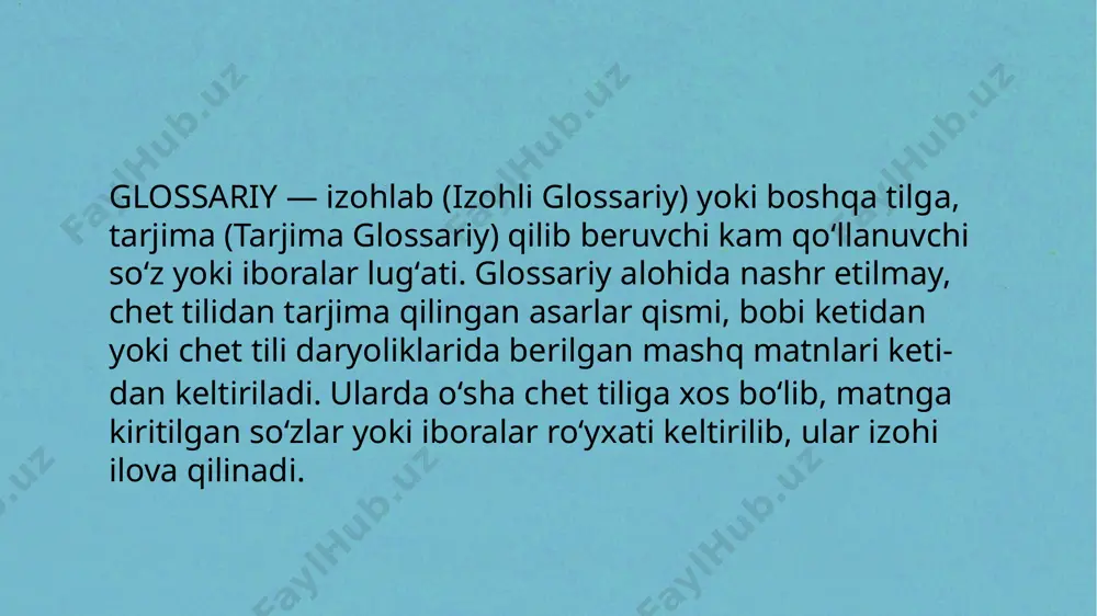 liy dasturi – kadrlar tayyorlash tizimini tubdan isloh qilishdir, ya'ni, respublikaning demokratik huquqiy davlat va adolatli fuqarolik jamiyat qurish yo’lidan izchil ilgarilab borish; mamlakat iqtisodiyotida tub o’zgarishlarning amalga oshirilishi, respublika iqtisodiyoti, asosan xomashyo yo’nalishidan raqobatbardosh mahsulot ishlab chiqarish yo’liga izchil o’tayotganligi, davlat ijtimoiy siyosatida shaxs manfaati va ta'lim ustivorligini qaror toptirish, milliy o’zlikni anglashning o’sib borishi, boy milliy madaniy-tarixiy ananalarga va xalqimizning intellektual merosiga hurmat uyg’otish, respublikaning jahondagi mavqei va obro’-e'tiborini mustahkamlanib borishigi erishish. e'tiboringiz uchun raxmat!!!102-guruh talabasi shokirjonova ruhshona image1.jpeg image7.png image4.png image2.jpeg image3.png image8.jpeg image9.jpeg image10.png image6.jpeg