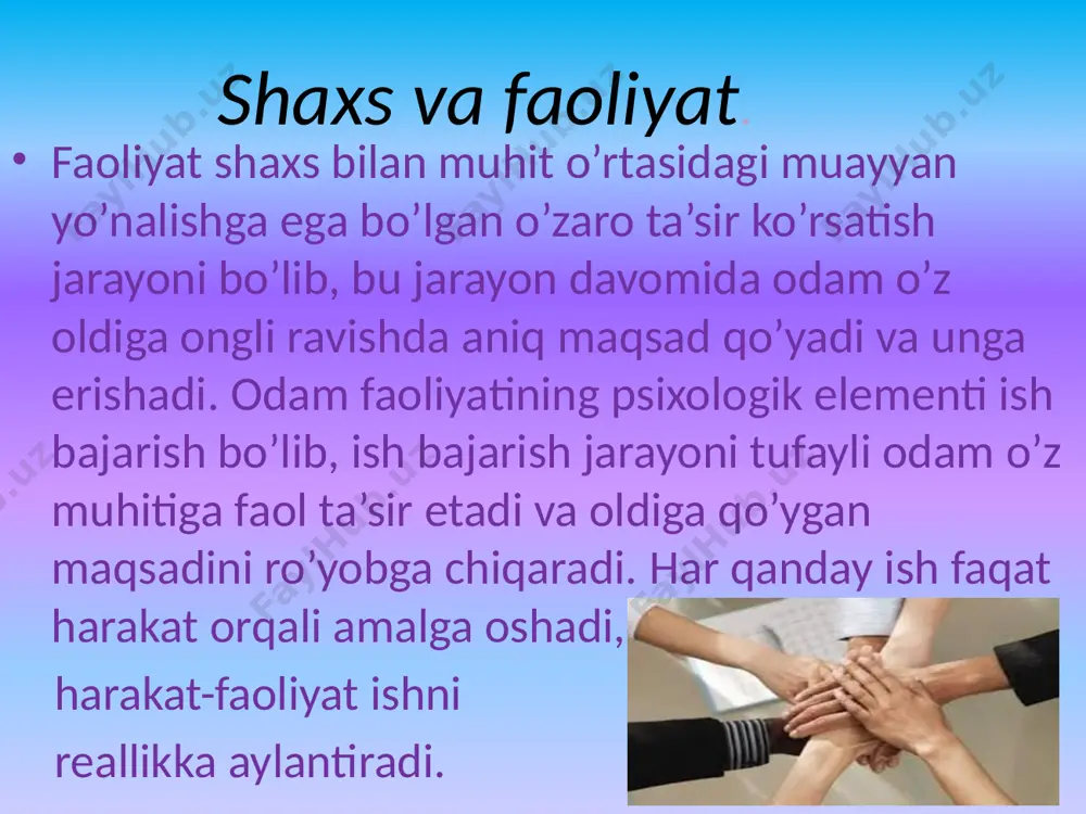ati ham shaxs kamolotida katta rol o’ynaydi va ma’no kasb etadi. bu shunday faollikki uning jarayonida bilimlar, malaka va turli ko’nikmalar o’zlashtiriladi. mehnat mehnat qilish ham eng tabiiy ehtiyojlarga asoslangan faoliyat bo’lib uning maqsadi albatta, biror yoki ma’naviy ne’matlarni yaratish jamiyat taraqqiyotiga hissa qo’shishdir tashqi faoliyat asosida psixik jarayonlarga o’tish ro’y bergan bo’lsa, bunday jarayonni psixologiyada enteriorizasiya deb ataladi. aqilda shakillangan g’oyalarni bevosita tashqi harakatga yoki tashqi faoliyatga ko’chirilishi eksteriorizasiya deb yurutiladi faoliyat yuqorida ta’kidlaganimizdek, shaxs doimo faoliyatda bo’ladi va shu turli-tuman faoliyat jarayonida uning faolligi yuzaga chiqadi. shaxsning faolligi uning o’z muhitiga ta’siri yordamida amalga oshadi. odam o’zining faol harakatlari orqali o’z tevarak-atrofiga ta’sir qilib, uni o’ziga bo’ysundiradi, o’zgartiradi hamda o’zining moddiy va ma’naviy ehtiyojlarini qondirishga xizmat qiladi. bundan tashqari, shaxsning faolligi uning individual-psixologik xususiyatlari - qobiliyati, qiziqishlari yunalishi, dunyoqarashi, ishonch-e’tiqodi va ehtiyojlarida ham namoyon bo’ladi. o’zbekiston respublikasi konstitusiyasining 37-moddasida bunday deyiladi; “har bir shaxs mehnat qilish, erkin kasb …