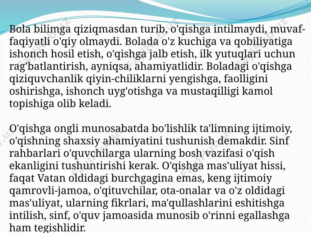 niyatlarga egadir. bilimga bo'lgan qiziqishni shakllantirish va o'stirishda sinflarni, o'quv xonalarini va maktab binosini jihozlash ham katta ahamiyat kasb etadi, o'quvchilarda turli qarashlar, did, dunyoqarashni shakllantiradi, estetik zavq uyg'otadi, tegishli ma'lum sohalarga havas uyg'otadi. bugungi kunda turli fanlar bo'yicha qiziqarli adabiyotlar nashr qilinmoqda: "mashhur kishilar hayotidan", "qiziqarli matematika", "qiziqarli botanika", "qiziqarli jugrofiya", o'simliklar hayoti", "bizni o'rab turgan olam", "tariximizga bir nazar" va hokazo ilmiy-ommabop turkumdagi kitoblar o'quvchilar qo'liga berilsa, ular hayotida, albatta, burilish yasashi turgan gap. kitobdan ham yaqinroq do'st, undan ham qudratliroq tarbiya vositasi bormi o'zi? o'quv jarayonida fanlar bo'yicha o'zaro bog'lanishga katta e'tibor berish kerak. bundan o'qituvchiyu o'quvchi ham yutadi. bunga bir necha misollar keltirish mumkin. fizika darsida masalalar yechish asnosida matematika formulalaridan foydalaniladi. matematika darslarida fizik kattaliklar va o'lchov birliklari qo'llaniladi. bulardan tashqari ikkala fan birgalikda o'rganadigan mavzular bo'ladiki, ularda ikkala fan o'qituvchisi ham bir darsda o'z sohalari bo'yicha tushuncha bersalar nur ustiga nur bo'ladi. adabiyot-tarix, mehnat-botanika, …