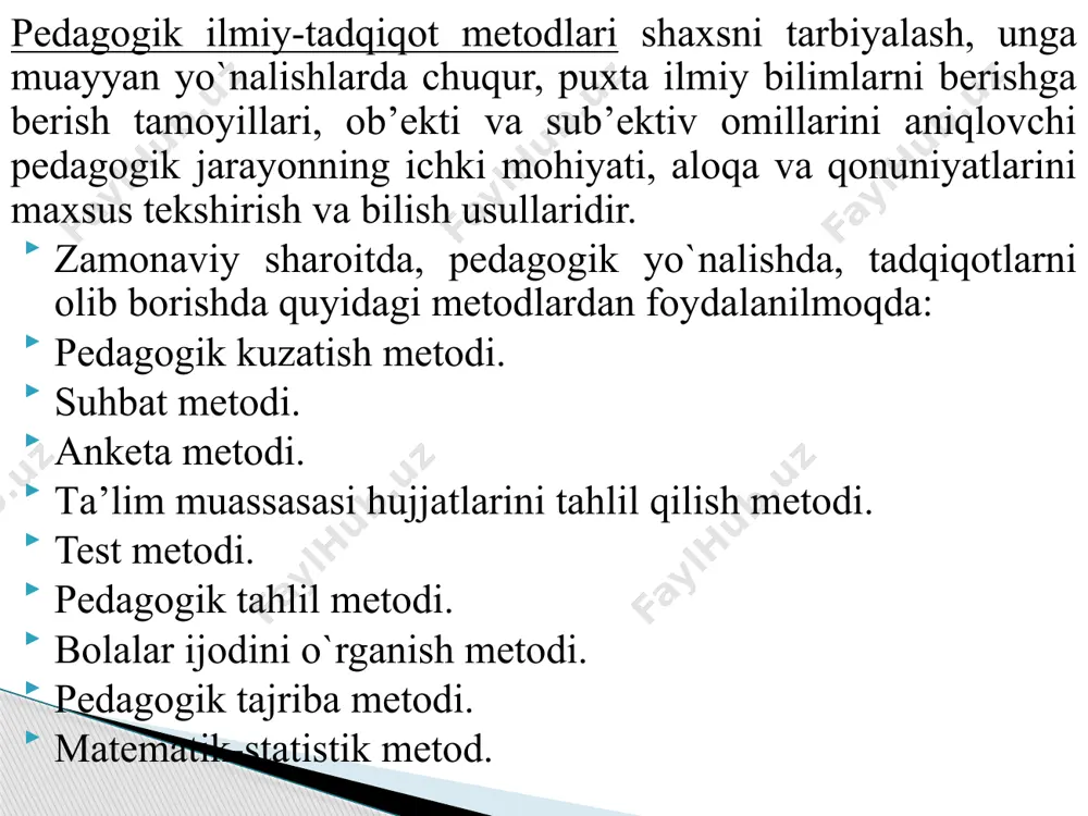 h usullari yig‘indisi tushuniladi. ta’lim usuli - o‘qitish metodining tarkibiy qismi yoki alohida tomoni. usul va metod butun va qism sifatida bir-biriga bog‘lanadi. usullar yordamida faqat o‘quv vazifasining bir qismi hal qilinadi. masalan, o‘qituvchilar tomonidan ko‘p qo‘llaniladigan mashq manbasiga ko‘ra amaliy metod hisoblansa, uni qo‘llash esa bir nechta usullar (mashqning qoidasini o‘qib berish (1-usul), bittasini namuna sifatida bajarib ko‘rsatish (2-usul), o‘qituvchining namunasi asosida o‘quvchilar tomonidan mashqning bajarilishi (3-usul), o‘quvchilar tomonidan bajarilgan mashqlarni tekshirish va xatolarini tuzatish (4-usul) va boshqalar) yordamida amalga oshiriladi. 3.ta’lim metodlarining mohiyati va mazmuni. hikoya - o‘qituvchi tomonidan mavzuga oid dalil, hodisa va voqealarning yaxlit yoki qismlarga bo‘lib, tasviriy vositalar yordamida obrazli tasvirlash yo‘li bilan ixcham, qisqa va izchil bayon qilinishi. metodning samarasi ko‘p jihatdan o‘qituvchining nuqt mahorati, so‘zlarni o‘z o‘rnida, ifodali bayon qilishi, shuningdek, o‘quvchilarning yoshi, rivojlanish darajasini inobatga olgan holda yondashuviga bog‘liq. suhbat ma’ruza - yirik hajmdagi o‘quv materialini og‘zaki bayon qilish metodi sanalib, uning …
