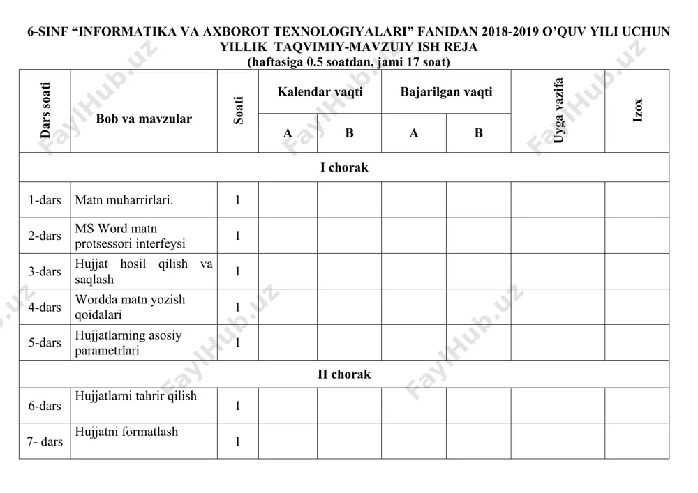 ja (haftasiga 2 soatdan, jami 68 soat) dars soati bob va mavzular soati kalendar vaqti bajarilgan vaqti uyga vazifa izox i chorak i bob. ms excel 2010 da amallar va formulalar 1-dаrs sodda ifodalarni hisoblash 1 2-dаrs katakka murojaat: nisbiy, absolyut va aralash murojaat 1 3-dаrs murojaatdan foydalanib amal bajarishda nusxalashning afzalligi 1 4-dаrs sodda va murakkab funksiyalarning grafiklari 1 5-dаrs boshqa varaq yoki kitobga murojaat 1 6-dаrs ms excelning funksiyalar kutubxonasi 1 7-dаrs funksiya argumenti oynasi 1 8-dаrs formulalar satridan foydalanish 1 9-dаrs matnli funksiyalar 1 10-dаrs mantiqiy funksiyalar 1 11-dаrs mustahkamlash uchun amaliy mashgulot 1 12-dаrs nazorat ishi 1 13-dаrs matematik funksiyalar 1 14-dаrs ko‘paytma hisoblashga oid funksiyalar 1 15-dаrs statistik funksiyalar 1 16-dаrs mustahkamlash uchun amaliy mashg’ulot 1 17-dаrs ms excel yordamida ba’zi masalalarni yechish 1 18-dаrs nazorat ishi 1 ii chorak 19-dаrs amaliy mashg’ulot 1 ii bob. ma’lumotlar ombori 20-dаrs ma’lumotlar ombori haqida tushuncha 1 21-dаrs …
