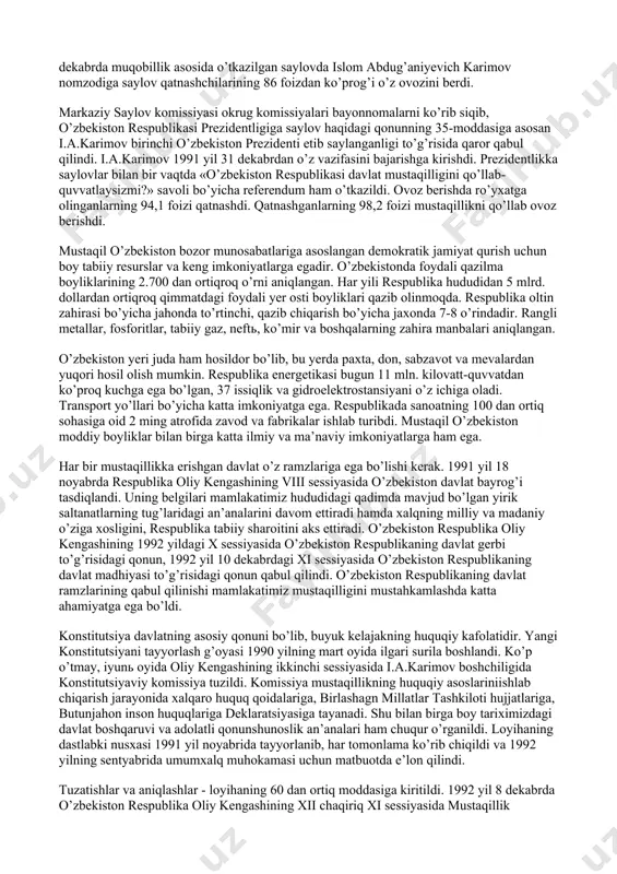 blikasining davlat mustaqilligini e’lon qilish to’g’risida» oliy kengash qarori va «o’zbekiston respublikasining davlat mustaqilligi asoslari to’g’risida»gi qonun qabul qilindi hamda 1 sentyabrь-mustaqillik kuni, milliy bayram, deb belgilandi. bu asosiy hujjatlar o’zbekiston oldida turgan maqsad va vazifalarni ko’rsatib berdi. mustaqillikning e’lon qilinishi respublika tarixida muhim voqea bo’lib, u nafaqat butun davlat uchun, o’zbekistonda yashaydigan har bir aholi uchun katta ahamiyat kasb etdi. ko’pincha mustaqillikka qon to’kishlar yo’li bilan erishiladi. lekin o’zbekiston bunday yo’ldan bormadi. xxi asr arafasida jahon xaritasida yana bir mustaqil, teng huquqli davlat-o’zbekiston paydo bo’ldi. jaxon hamjamiyati uni tezda tan ola boshladi. darhaqiqat, mustaqillik – o’zaro hurmat, bir-birini tan olish, bir-birini qadrlash asosida mamlakat fuqarolari o’zaro munosabatida ham, davlatlar o’rtasidagi aloqalarda ham ana shu umuminsoniy qadriyatlarga tayanish, umumiy mezonlar asosida yashash demakdir. mustaqillik – jamiyatdan ajralmagan holda dunyo muammolari va o’z taqdiri bilan bog’liq bo’lgan istiqlol haqida o’ylashdir. mustaqillik – erkin dunyoqarash, erkin tafakkurga suyanib yashash salohiyatidir. mustaqil demokratik …