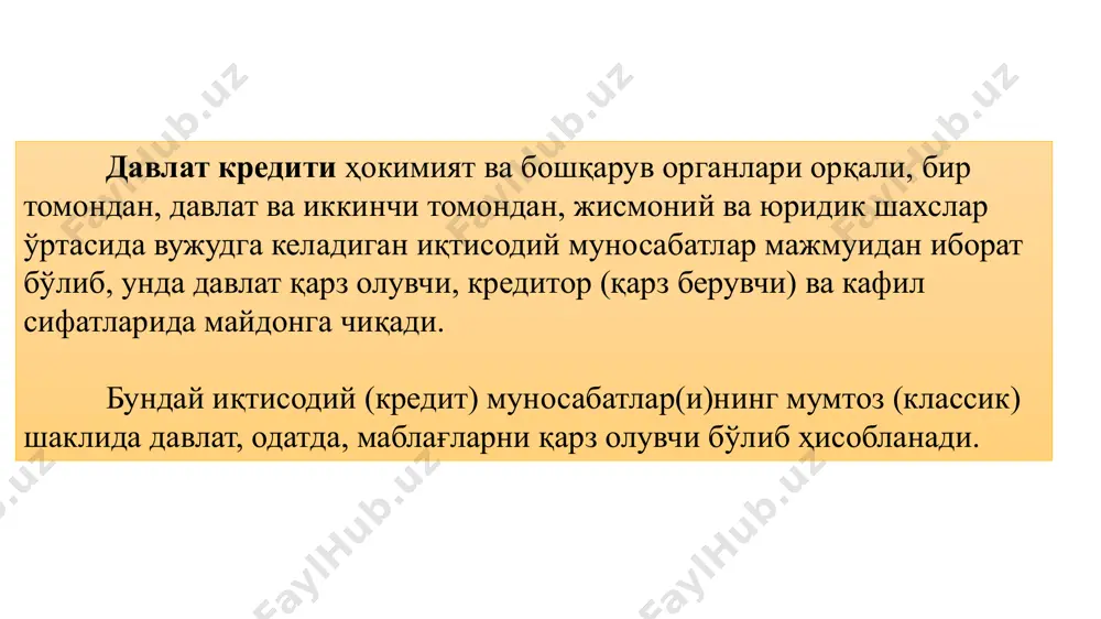 и. ҳақиқатдан ҳам давлат кредитига маълум бир вақт ўтганидан сўнг ўтказилган сумма фоизи билан қайтарилиши керак. умуман олганда, давлат кредити бошқа молиявий категориялардан ўзининг қуйидаги характерли хусусиятлари билан фарқланади:  агар банк кредитини тақдим этишда таъминланганлик элементи сифатида конкрет бойликлар – омбордаги товарлар, тугалланмаган ишлаб чиқариш ва бошқа шунга ўхшашлар майдонга чиқадиган бўлса, давлат томонидан маблағлар қарзга олинаётганда унинг эгалигида бўлган барча мол-мулк, маълум бир ҳудудий бирликнинг мулки ёки унинг қандайдир бир даромади давлат кредитининг таъминланганлик элементи бўлиши мумкин; молиявий категория сифатида давлат кредити қуйидаги функцияларни бажаради:  тақсимлаш;  тартибга солиш;  назорат. . давлат қарзларини жалб қилиш эвазига олинган капиталлардан унумсиз фойдаланилса, масалан, улар ҳисобидан ҳарбий ёки ижтимоий харажатлар молиялаш- тирилса, уларнинг қайтаришнинг ягона манбаи солиқлар ёки янги қарзлар бўлиши мумкин. олдин чиқарилган заёмларни қайтариш учун давлатнинг янги заёмларини жойлаштирилишига давлат қарзларини қайта молиялаштириш дейилади. давлатнинг қарз олиши натижасида солиқ оғирлигининг кучайиши уларнинг муддатига ва қарз олувчи томонидан …