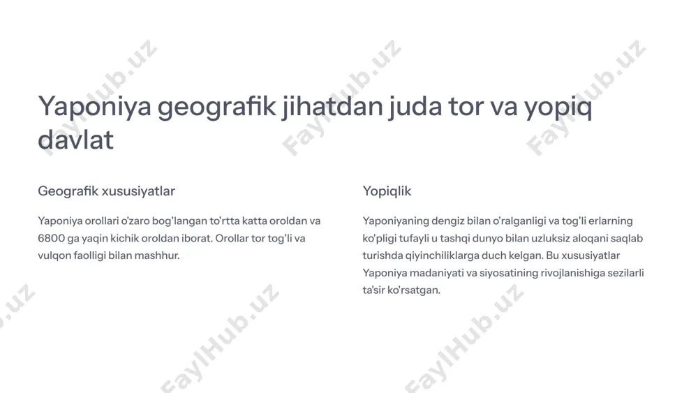 rlari bo'lib, ularga xizmat qilgan. 5 o'rta asrlarda yaponiya huquqi: qadimiy an'analar va xitoycha ta'sirlar 1 qadimiy an'analar yaponiya huquqi qadimiy an'analarga va mahalliy urf-odatlarga asoslangan. bu an'analar avloddan avlodga o'tib kelgan va ijtimoiy munosabatlarni tartibga solishda muhim rol o'ynagan. 2 xitoy ta'siri xitoy madaniyati va qonunchiligi yaponiya madaniyati va huquqi rivojlanishiga sezilarli ta'sir ko'rsatgan. yapon hukmdorlari xitoyning konfutsiylik va boshqa falsafiy tizimlaridan foydalanganlar. 6 buddaviylik va shintoizm ta'sirida yapon huquqi buddaviylik buddaviylik yaponiya jamiyati va huquqiy tizimiga chuqur ta'sir ko'rsatgan. ular adolat, rahm-shafqat va poklik kabi axloqiy qadriyatlarni ta'kidlagan. shintoizm shintoizm yaponiyaning mahalliy diniy an'analari bo'lib, u tabiatning muqaddasligi va xudolarga hurmatni ta'kidlagan. shintoizm yaponiya huquqiy tizimiga qadriyatlar va urf-odatlarni kiritib, uning rivojlanishida muhim rol o'ynagan. 7 yaponiya davlatining markazlashuvi va shogunlik hokimiyati 1 markazlashuv xv-xvi asrlarda yaponiyada shogunlarning hokimiyati kuchayib, davlat markazlashdi. bu davrda shogunlarning davlat boshqaruviga ta'siri ortib, xonliklarning o'ziga xos hokimiyati pasaydi. 2 shogunlik shogunlar yaponiyada …