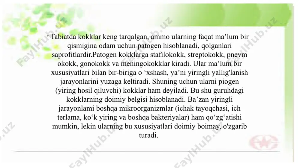 ’da-ichak sistemasiga tushsa, insonlarda ovqatdan zaharlanishga sabab bo'ladi. stafilokokklar eksfoliativ toksin ajratadi, bu omil bolalar terisida impetigo, skarlatina toshmasiga o'xshash toshmalar va chaqaloqlarda ichi suyuqlik bilan to'la pufakchali-po'rsildoq yaralar paydo qiladi. impetigo skarlatina antigen tuzilishi. stafilokokklarng hujayra devori va kapsulasiga kiradigan quyidagi moddalar: peptidolikan, teyxoyeva kislotasi, a-oqsil, poli saxarid va boshqalar antigenlik xususiyatiga ega. hozir bu bakteriyalarning bir qancha serovar va tipmaxsus antigenlari borligi aniqlangan. chidamliligi. stafilokokklar boshqa patogen kokklarga nisbatan fizik va kimyoviy omillardan quritish, muzlatishga va quyosh nuri ta’siriga chidamlidir. stafilokokklar quritilgan yiringda 200 kun, changda 50-100 kun, tuproqda 10 оу gacha tirik saqlanishi mumkin. ular 70°s gacha qizdirilganda bir soatda, 80°s da esa 10-60 daqiqadan so'ng, qaynatilganda bir necha soniyada o’ladi. dezinfeksiyalovchi omillardan 5% fenol eritmasi ta’sirida 15-30 daqiqada, 1% formalin ta’sirida esa 2-5 daqiqada halok bo'ladi. anilin bo'yoqlaridan gensianviolet va brilliant yashili tez ta’sir etadi. stafilokokklar nisbatan sulfanilamid preparatlar va antibiotiklarga chidamli, ularning antimikrob dorilarga chidamliligi …