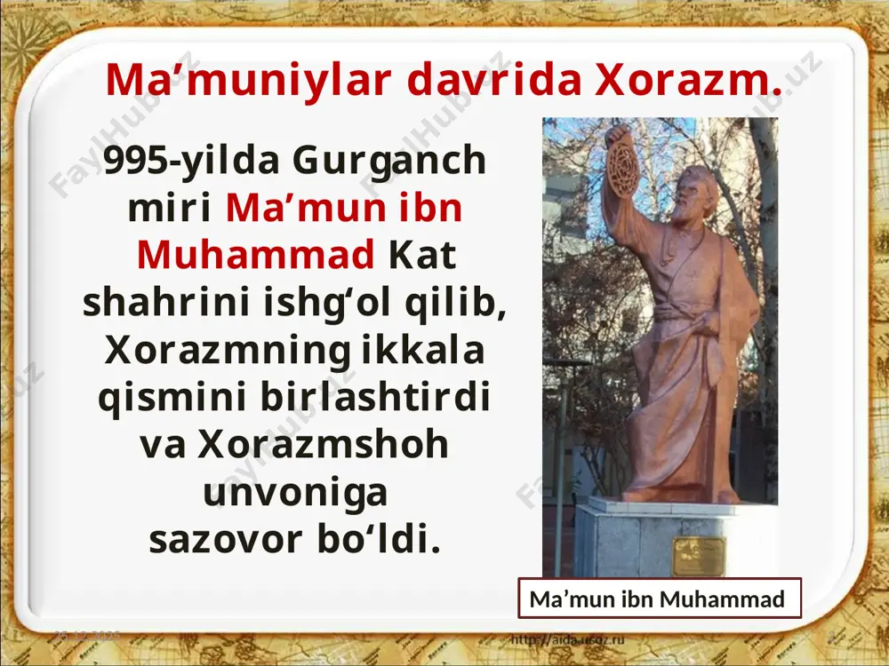 gan yerlar xorazmshohlar davlati tasarrufiga o‘tadi. 15.10.2019 13 hukmdor muhammad xorazmshoh esa “iskandari soniy” deb ulug‘langan. uning saroyida 27 hukmdor va ularning vakillari doimo itoatda bo‘lgan. 15.10.2019 14 ichki ziddiyatlar. 15.10.2019 15 1210-yilda o‘tror aholisi, 1212-yilda esa samarqandliklar qo‘zg‘olon ko‘tardilar. muhammad xorazmshoh qo‘zg‘olonlarni shafqatsizlik bilan bostiradi. savol va topshiriqlar: 1. arablar istilosi xorazmga qanday oqibatlarga olib kelgan edi? 2. afrig‘iylar sulolasi qanday barham topdi? 3. ma’muniylar davrida boshqaruv tizimi qanday bo‘lgan? 4. ma’muniylar qay tariqa o‘z hukmronligidan mahrum bo‘ldi? 5. xorazmning mustaqilligi kimning nomi bilan bog‘liq? 6. xorazmshohlar ichki ziddiyatlarni oldini olish uchun qanday siyosat yuritishi kerak edi deb o‘ylaysiz? o‘z fikrlaringizni asoslab bering. 15.10.2019 16 image2.jpeg image3.png image4.jpeg image5.jpeg image6.jpeg image7.jpeg image8.jpeg image9.jpeg image10.jpeg image11.jpeg image12.jpeg image13.jpeg image14.jpeg image15.jpeg image16.jpeg image1.jpeg