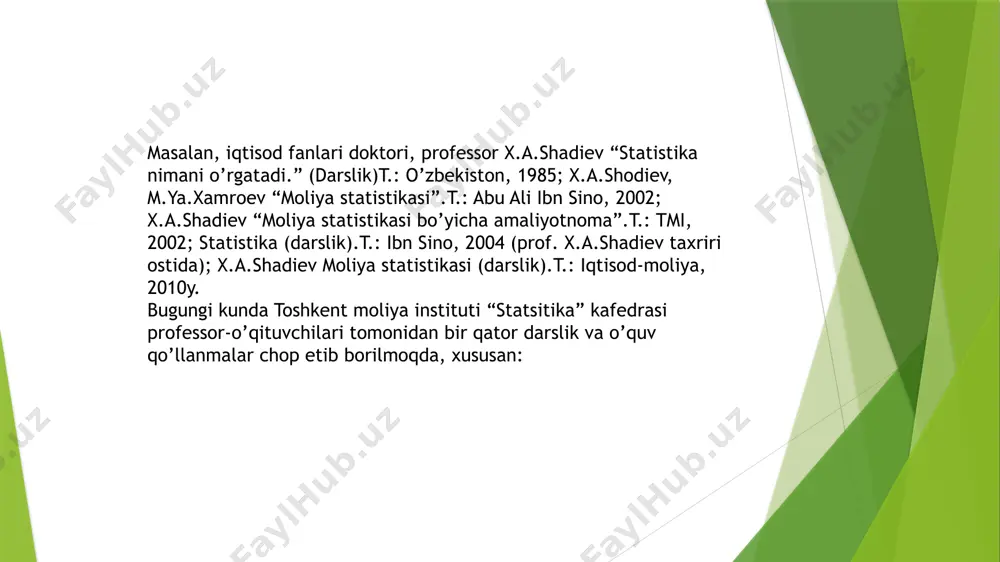 rga joylashtiramiz va grafiklarda tasvirlaymiz, uchinchidan, olingan va hisoblangan ko’rsatkichlarni har tomonlama tahlil qilishimiz kerak. mana shu shartlarni to’liq bajarsak, o’rganilayotgan ommaviy hodisa va voqealar to’g’risida ob’ektiv xulosaga kelishimiz mumkin. shuning uchun ham har qanday statistik tekshirish statistik kuzatish, jamlash va guruhlash hamda statistik tahlildan iborat uch bosqichga bo’linadi. tekshirishning har bir bosqichida maxsus statistik metodlar qo’llaniladi. birinchi bosqichda – statistik kuzatish metodi, ikkinchi bosqichda – jamlash va guruhlash metodlari, statistik jadvallar va grafiklar, uchinchi bosqichda turli umumlashtiruvchi ko’rsatkichlarni (mutloq, nisbiy va o’rtacha miqdorlar, dinamika ko’rsatkichlarini tahlil qilish, balans, indeks va boshqa) hisoblash va tahlil qilish metodlari. ilmiy jihatdan asoslangan statistik tadqiqot qayd etilgan metodlarning chambarchas bog’liq ravishda olib borilishini taqozo etadi. statistika o’z predmetini quyidagi kategoriyalar yordamida o’rganadi: statistik to’plam – bu umumiy bog’liqlikda, qandaydir bir sifat belgisi bilan birlashgan va bir-biridan farq qiluvchi ob’ekt yoki hodisalarning yig’indisidir. masalan, korxonalar soni, aksiyadorlik jamiyatlari soni, oilalar soni va h.k. to’plamlar …